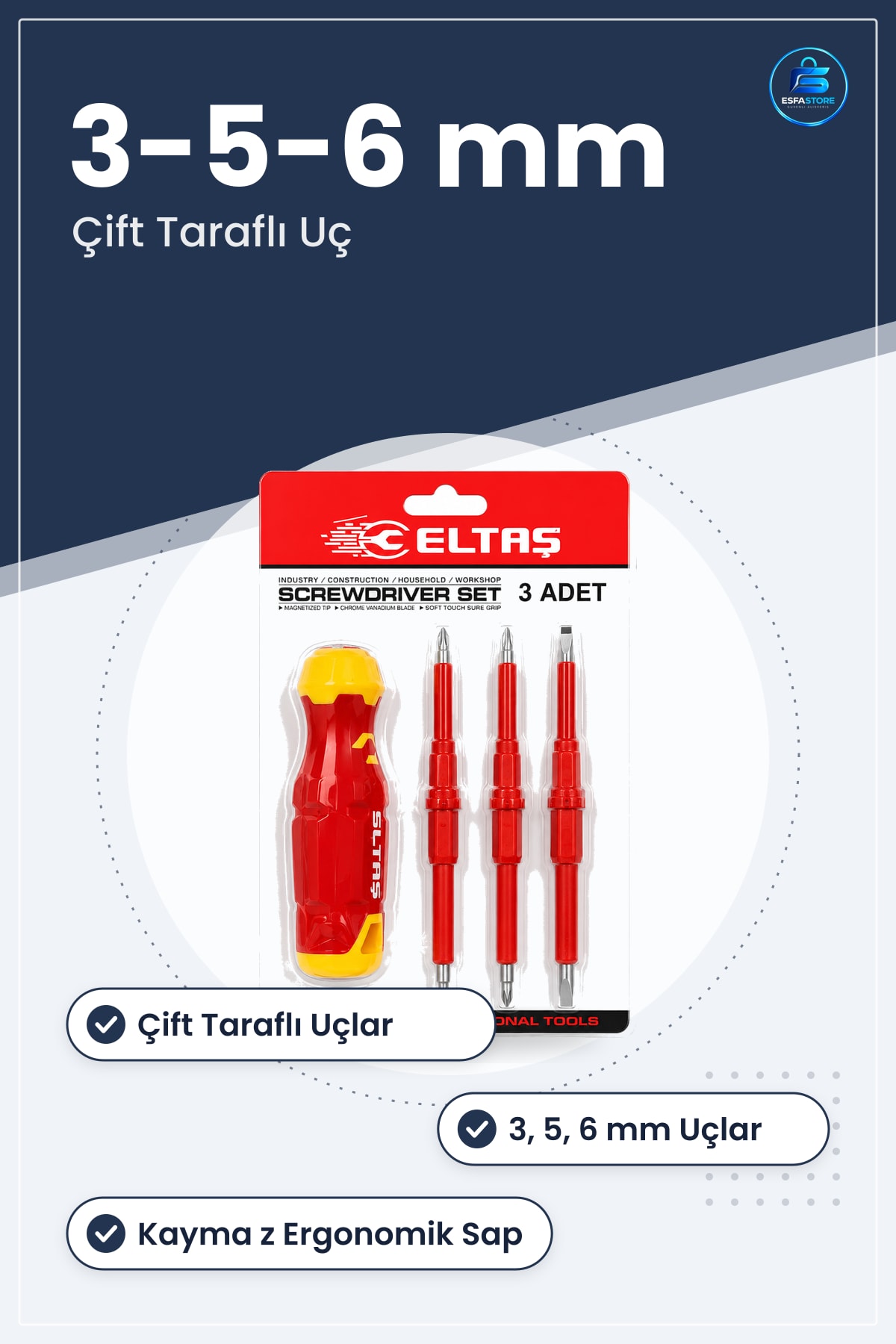 Tornavida Seti Çift Taraflı Uçlu 3mm 5mm 6mm Ergonomik Kaymaz Sap Krom Vanadyum Çelik Atölye