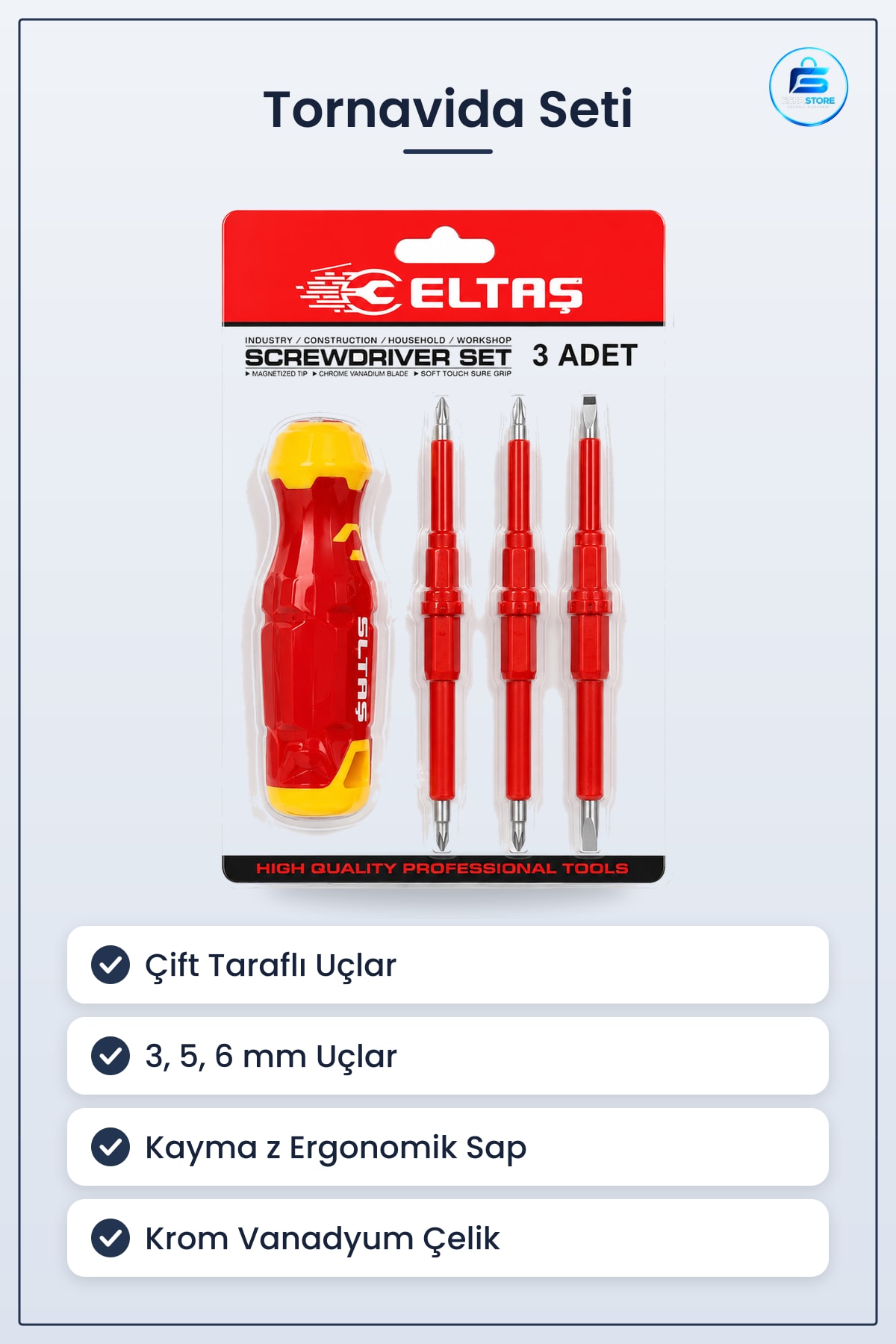 Tornavida Seti Çift Taraflı Uçlu 3mm 5mm 6mm Ergonomik Kaymaz Sap Krom Vanadyum Çelik Atölye