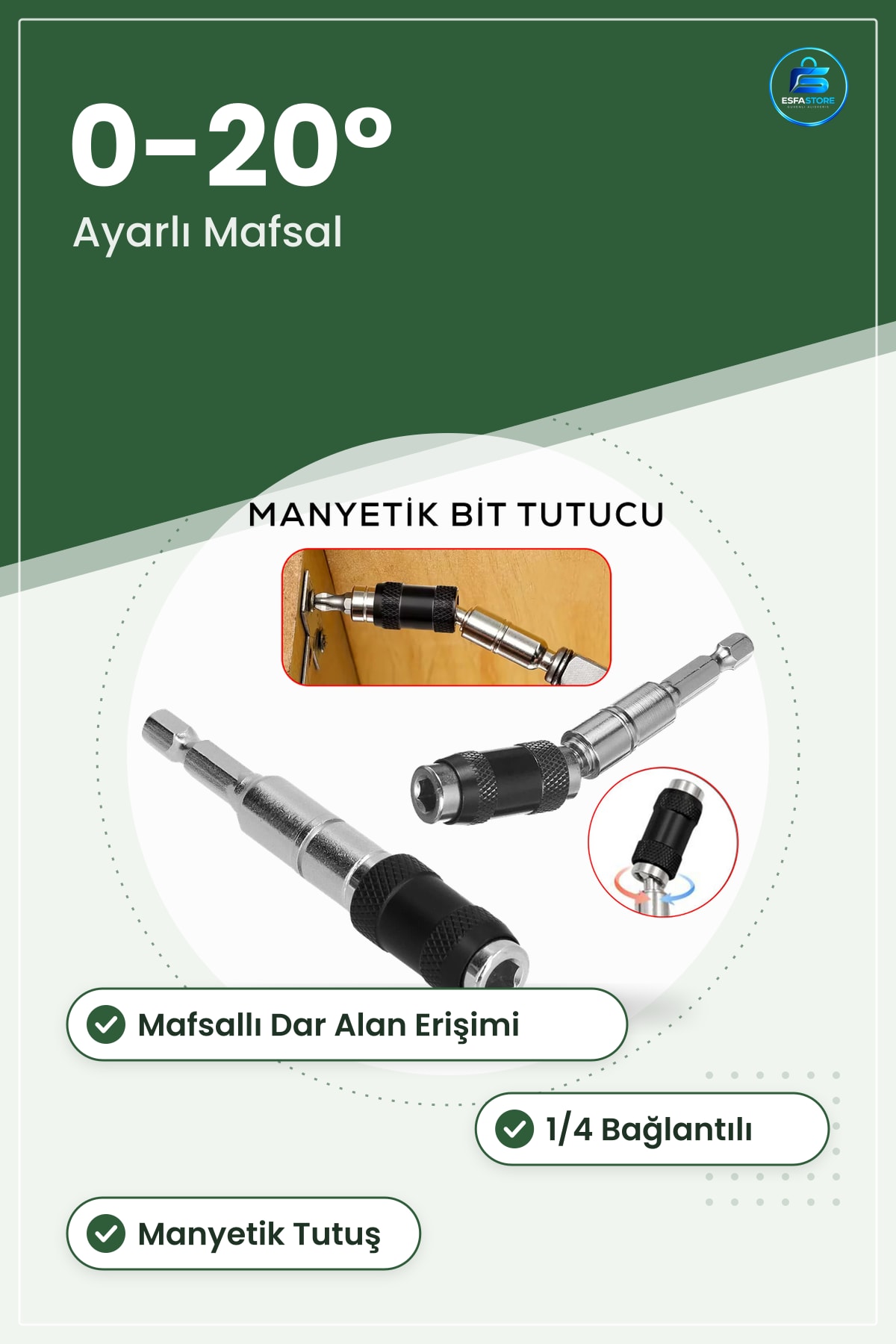 Manyetik Bits Tutucu Mafsallı 0 ila ° Ayarlı Matkap Aksesuarı Dar Alan Vidalama Adaptörü