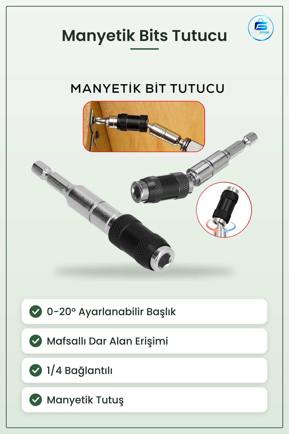 Manyetik Bits Tutucu Mafsallı 0 ila ° Ayarlı Matkap Aksesuarı Dar Alan Vidalama Adaptörü