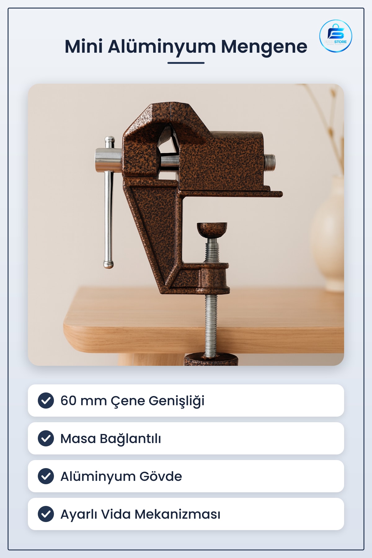Mini Alüminyum Mengene 60 mm Masa Bağlantılı Hassas Sabitleme Hobi Modelcilik Atölye Elektronik