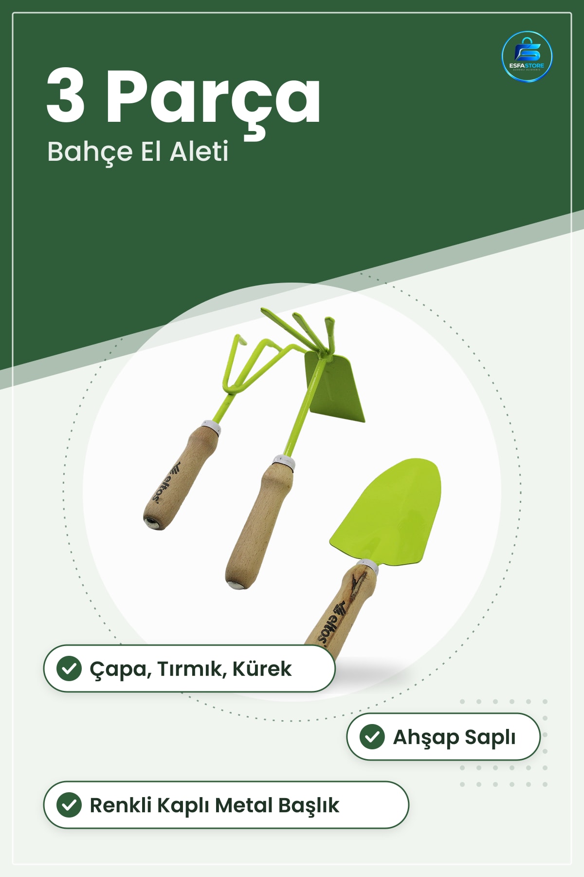 Bahçe Hobi Seti Çapa 3 Dişli Tırmık Kürek Ahşap Saplı Renkli Kaplı Metal Başlıklı