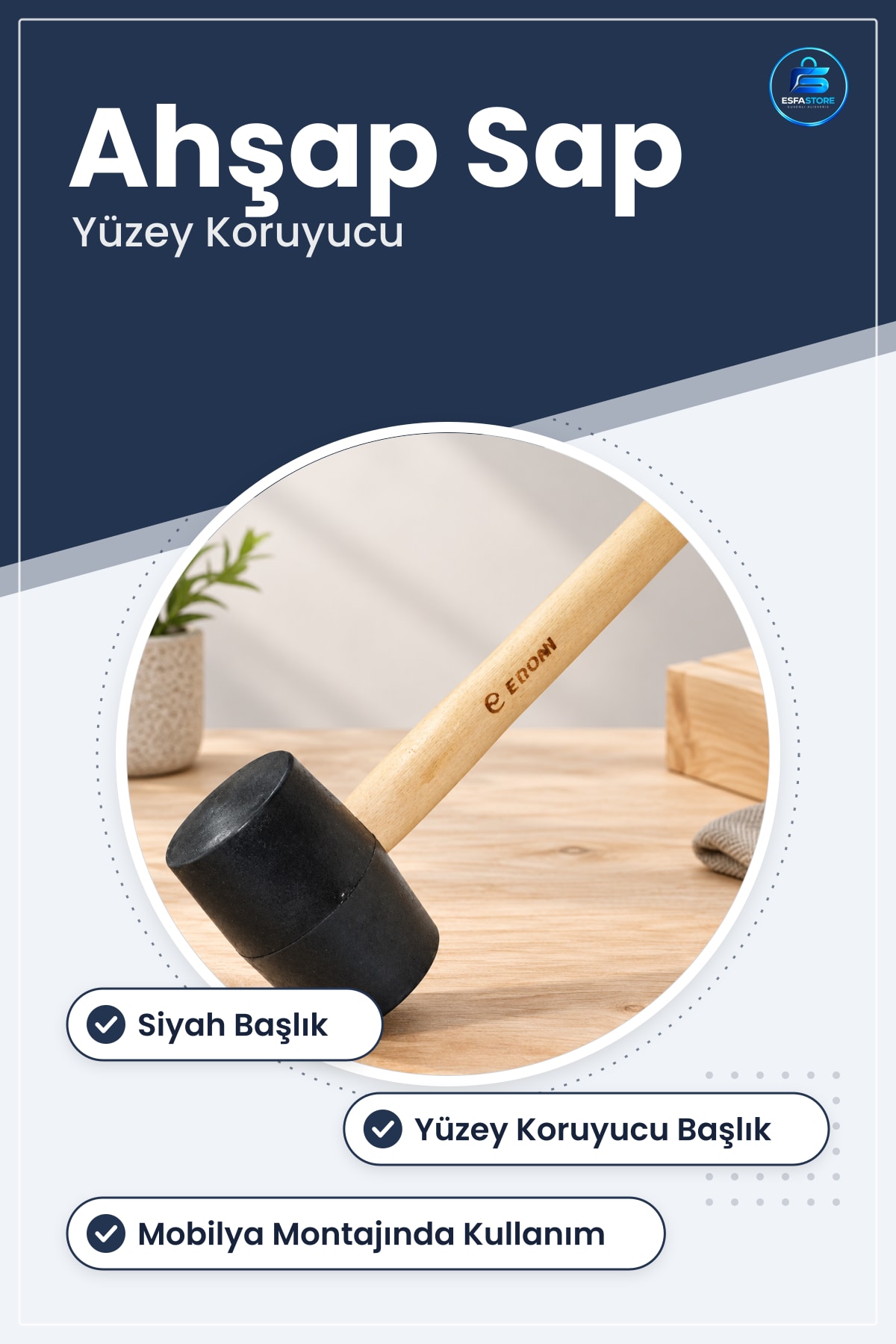 Tokmak Çekiç Ahşap Saplı Siyah Başlıklı Yüzey Koruyucu Mobilya Montağı Marangoz Döşeme Atölye