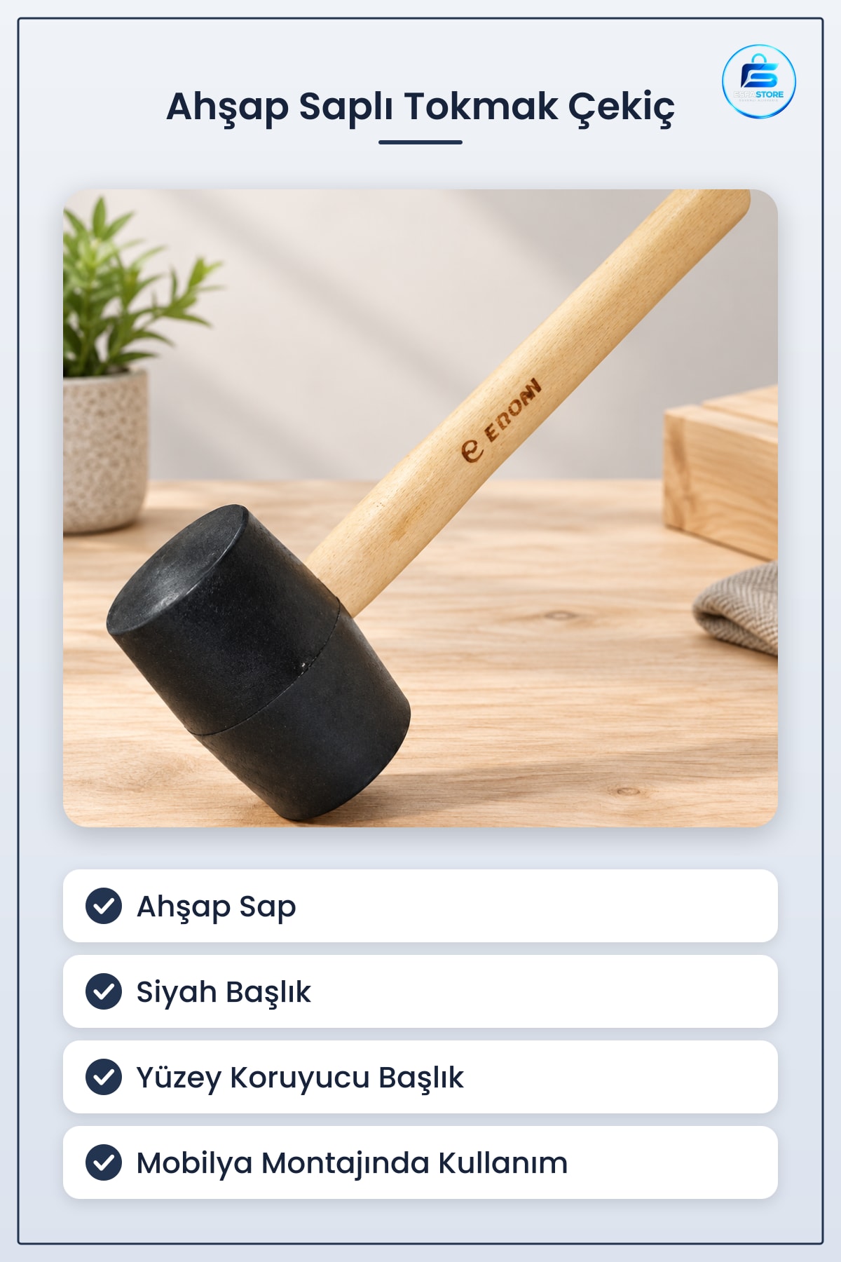 Tokmak Çekiç Ahşap Saplı Siyah Başlıklı Yüzey Koruyucu Mobilya Montağı Marangoz Döşeme Atölye
