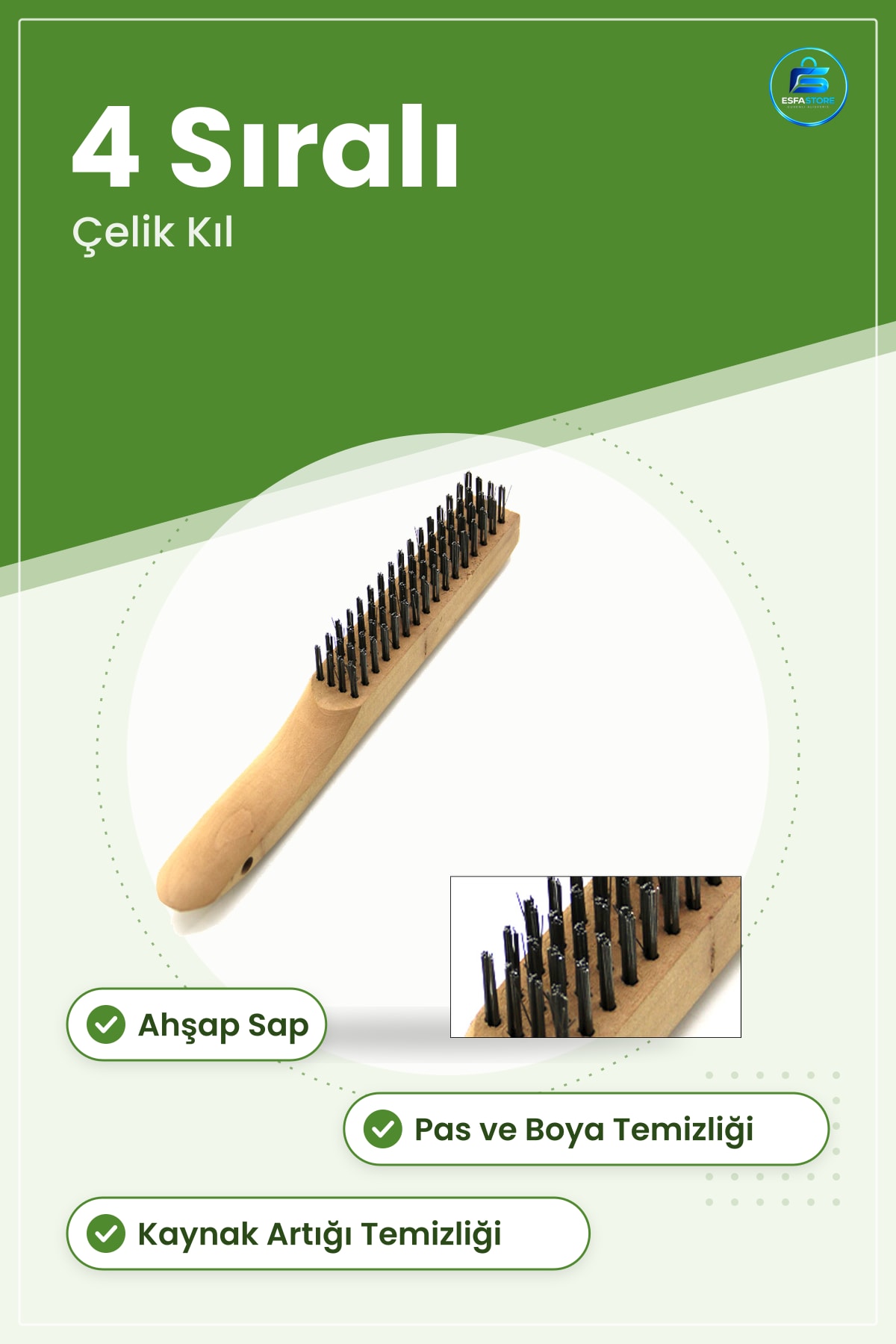 Tel Fırça Ahşap Saplı 4 Sıralı Çelik Kıllı Pas Kaynak Artığı Boya Temizleme Metal Yüzey