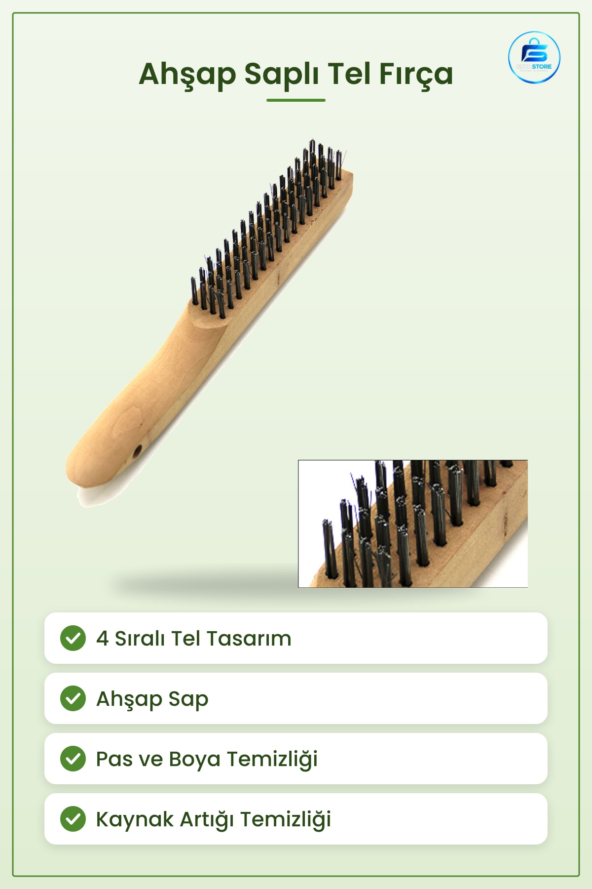 Tel Fırça Ahşap Saplı 4 Sıralı Çelik Kıllı Pas Kaynak Artığı Boya Temizleme Metal Yüzey