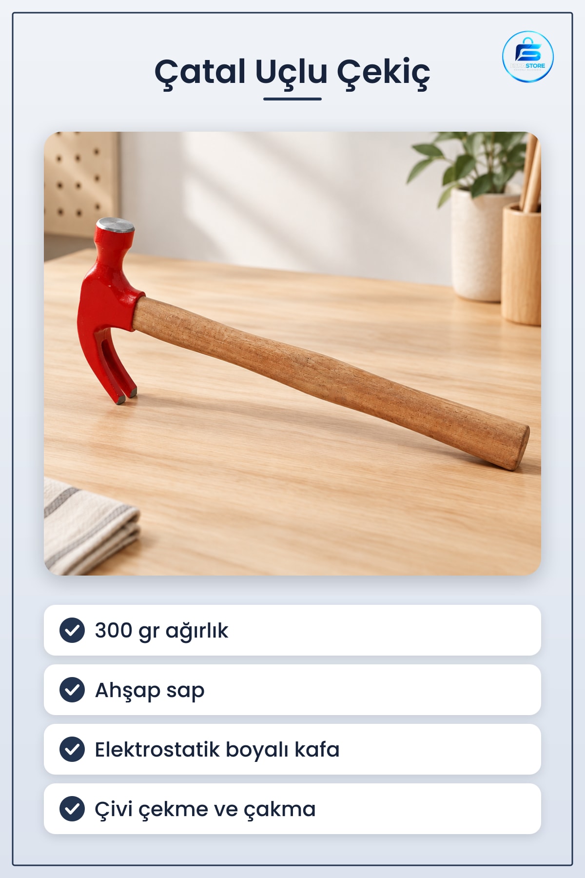 Çekiç 300 gr Çatal Uçlu Ahşap Saplı Çivi Çekme Marangozluk Tamirat Aleti Hırdavat Malzemesi