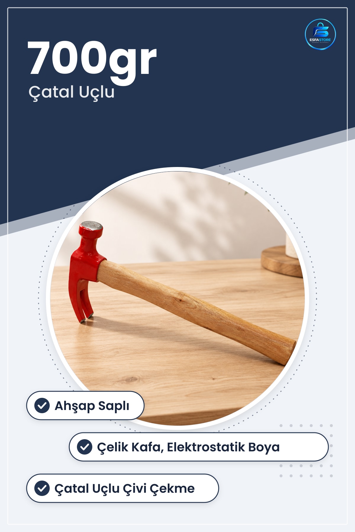Çatal Çekiç 700gr Ahşap Saplı Elektrostatik Boyalı Çelik Kafa Çivi Çekme Montaj Hırdavat Atölye