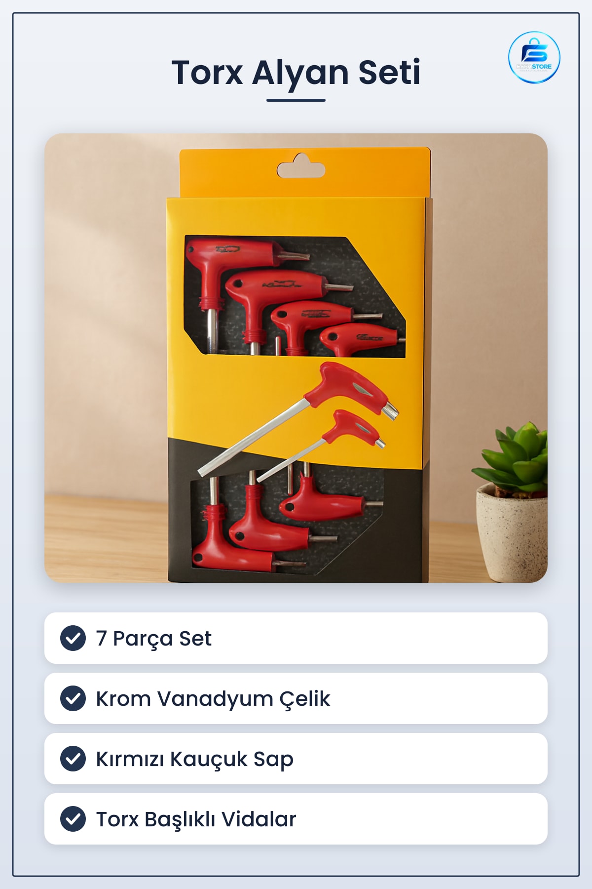 7 Parça Torx Alyan Seti Krom Vanadyum Çelik Kırmızı Saplı Otomotiv Bisiklet Mobilya Elektronik Tamir