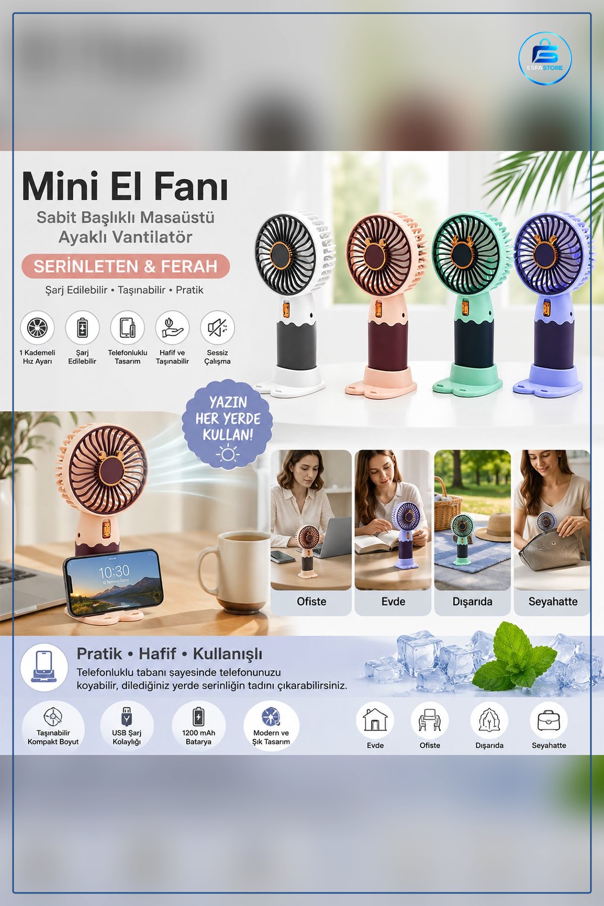 Mini El Fanı Masaüstü Vantilatör Ayaklı 1 Kademe Taşınabilir Sessiz Ev Ofis Kullanımı