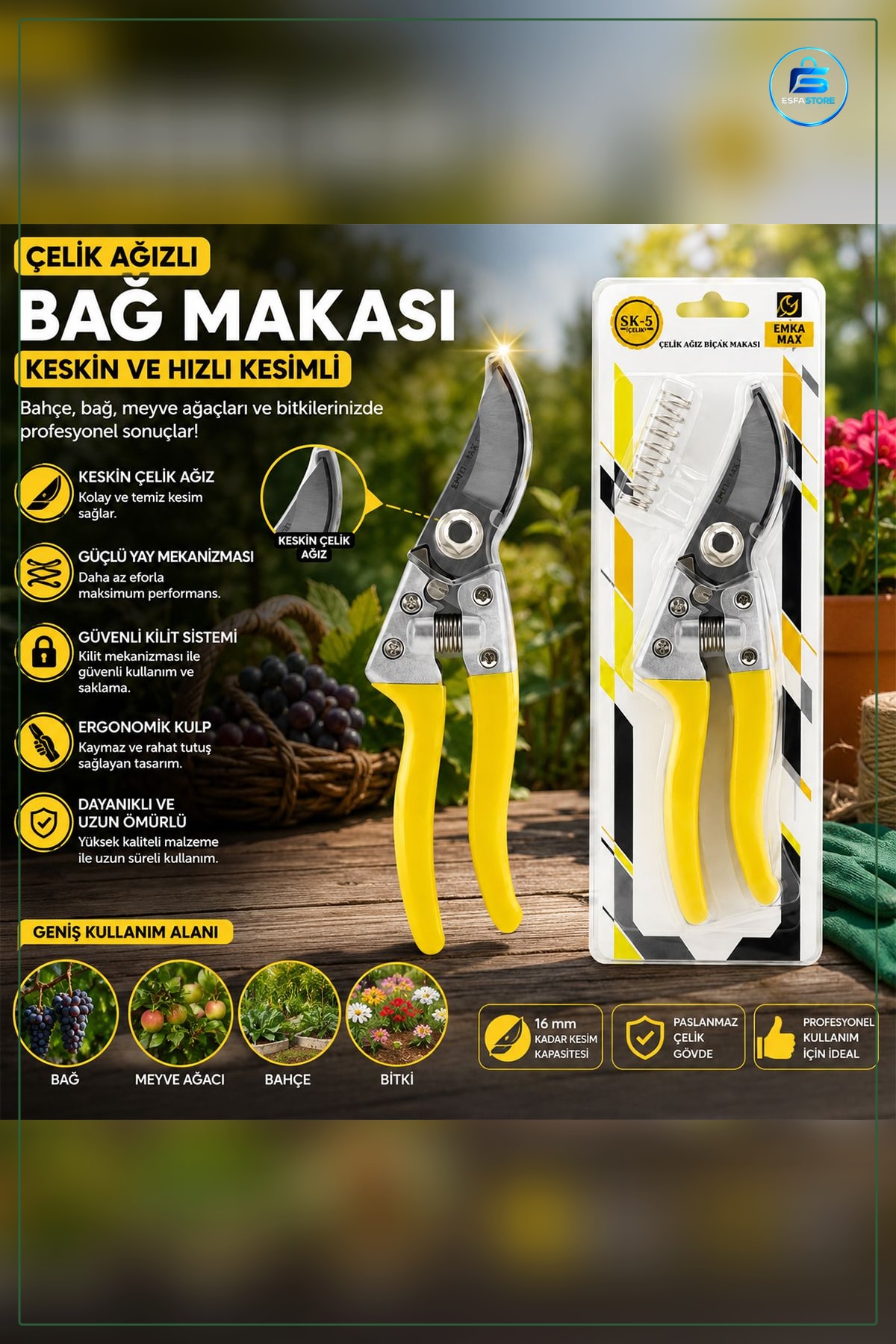 Çelik Ağızlı Bağ Makası Budama Bahçe Plastik Kesici Kablo Bağı Kesim Araç Sarı Sap