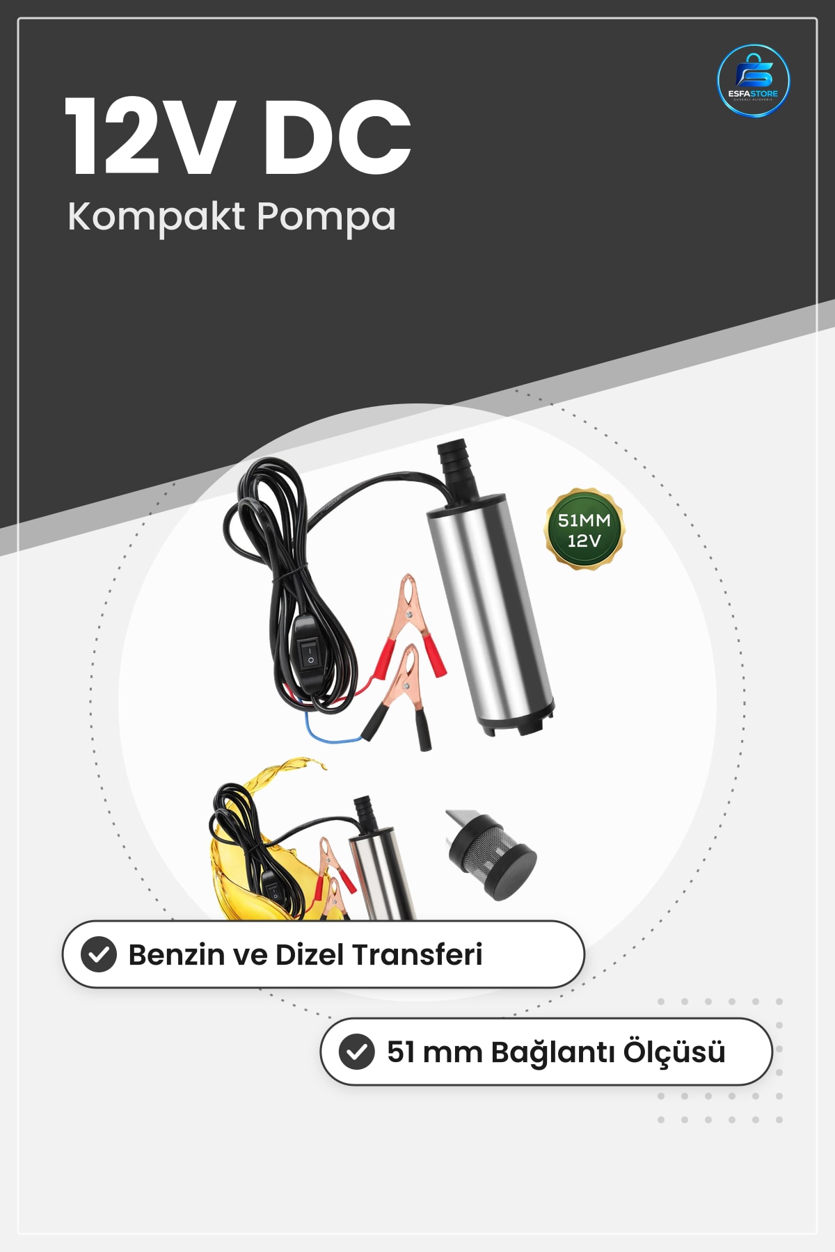 Oto Pompa 12V 51mm Mini Akaryakıt Pompası Benzin Dizel Transfer DC Kompakt Kullanışlı