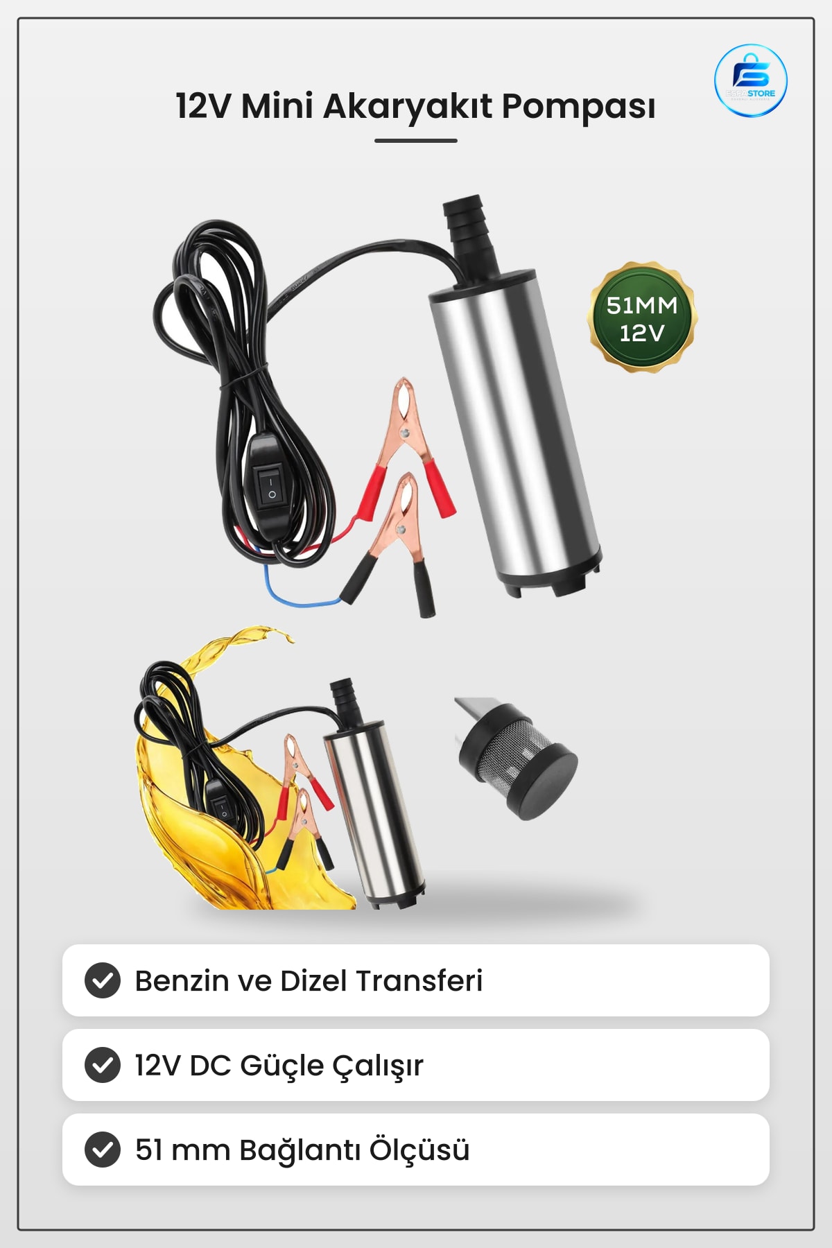 Oto Pompa 12V 51mm Mini Akaryakıt Pompası Benzin Dizel Transfer DC Kompakt Kullanışlı