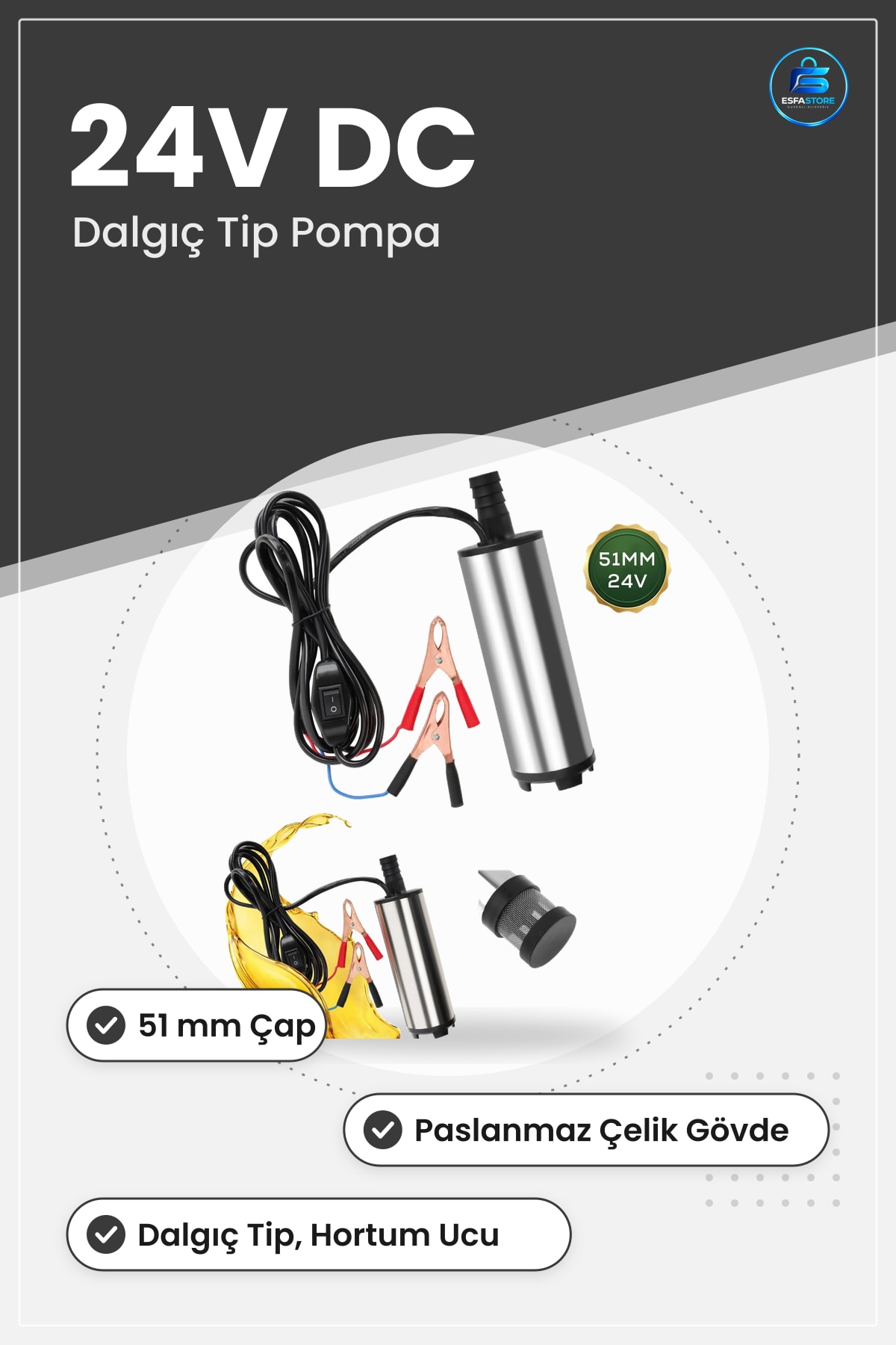 Mini Akaryakıt Pompası 24V 51mm Paslanmaz Gövde Dalgıç Tip Yakıt Transfer Oto Pompa Araç