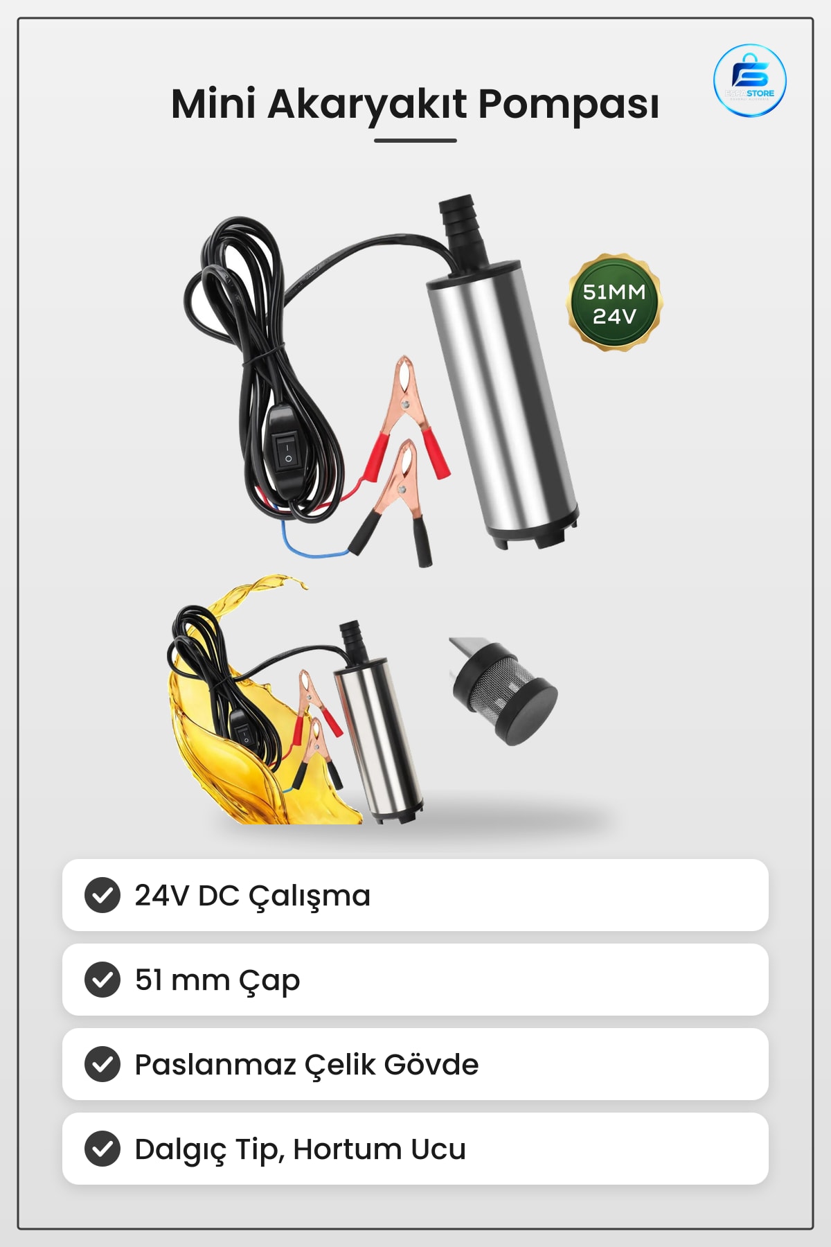 Mini Akaryakıt Pompası 24V 51mm Paslanmaz Gövde Dalgıç Tip Yakıt Transfer Oto Pompa Araç