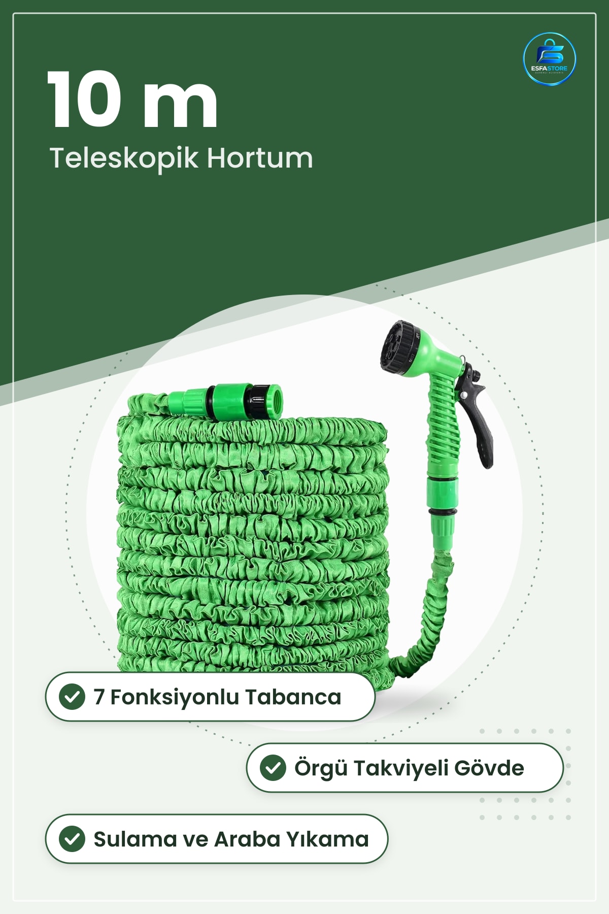 Uzayan Teleskopik Bahçe Hortumu 10 m 7 Fonksiyonlu Tetikli Tabanca Esnek Sulama Seti Araba Yıkama