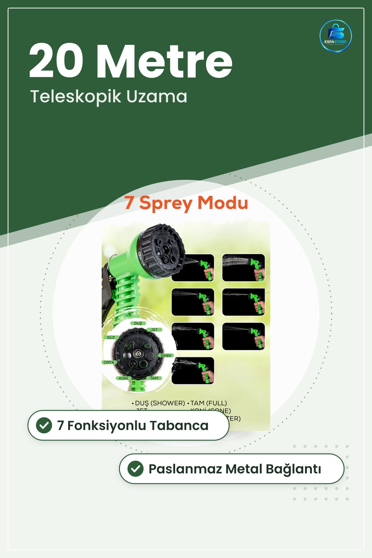 Teleskopik Uzayan Bahçe Hortumu 20 Metre 7 Fonksiyonlu Tetikli Tabanca Sulama Esnek