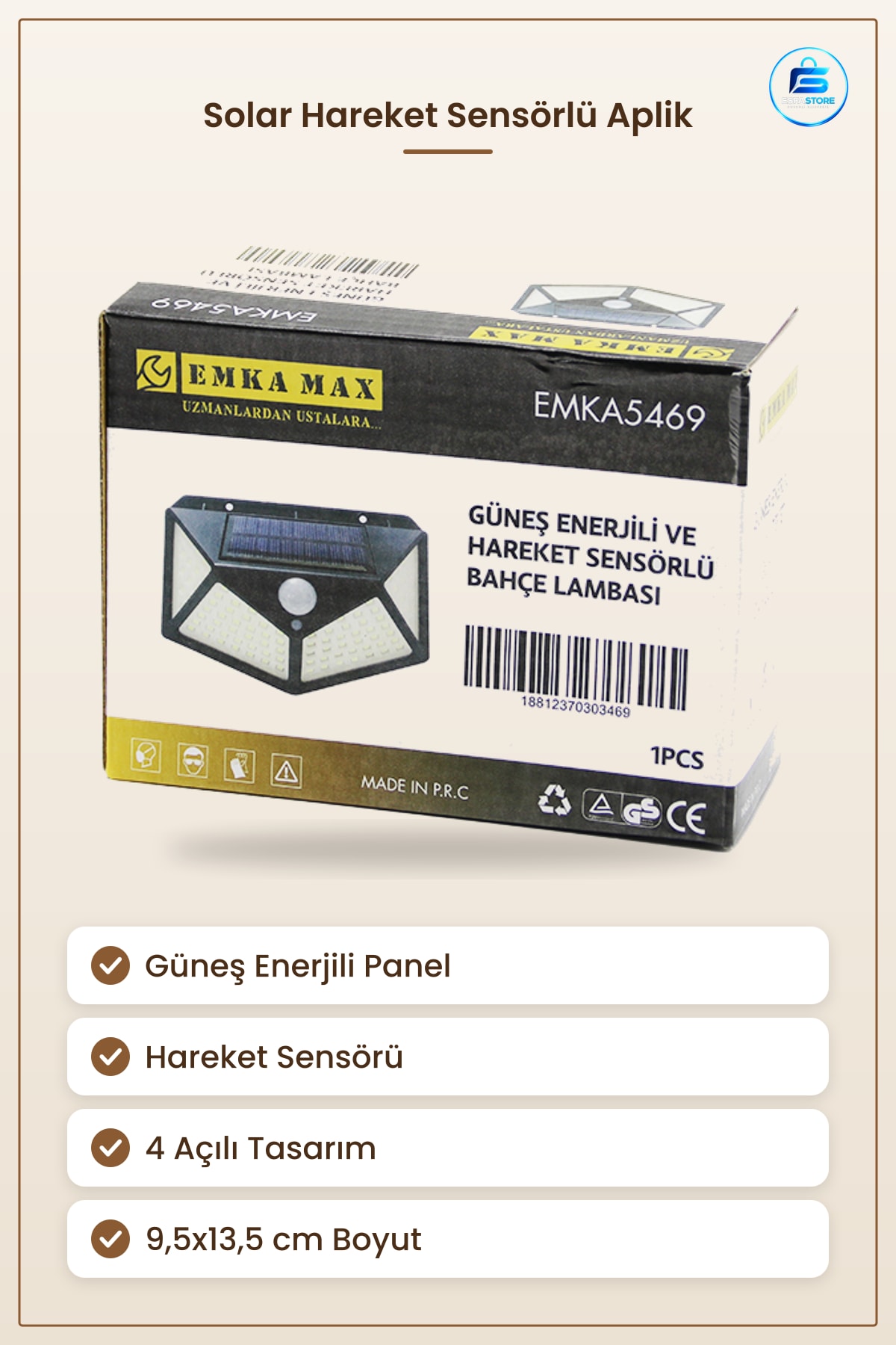 Aplik Solar Hareket Sensörlü Dış Mekan Bahçe Lambaı 9,5x13,5 cm Güneş Enerjili Duvar Açılı