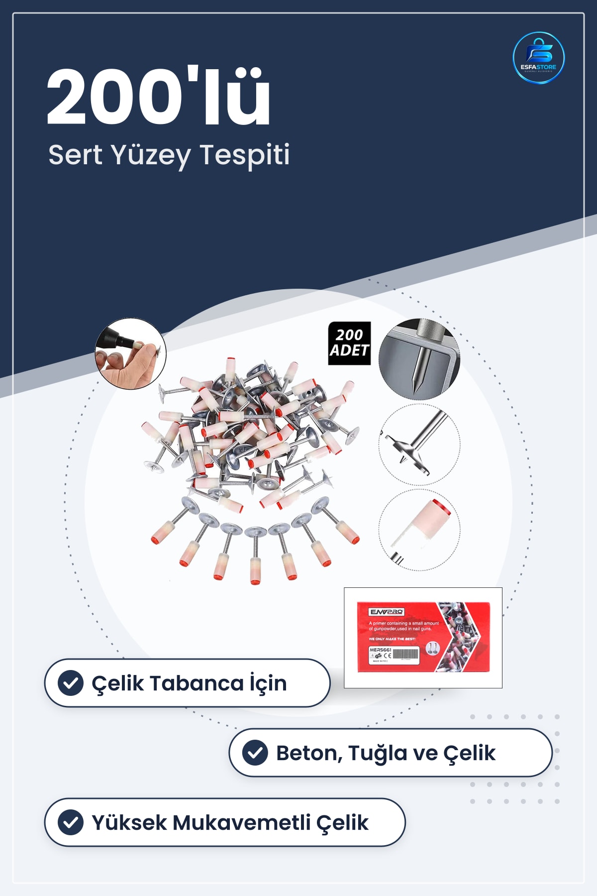 Barutlu Çivi 200 Adet Çelik Tabanca İçin Beton Tuğla Sert Yüzey Tespit Primer Kartuş Montaj