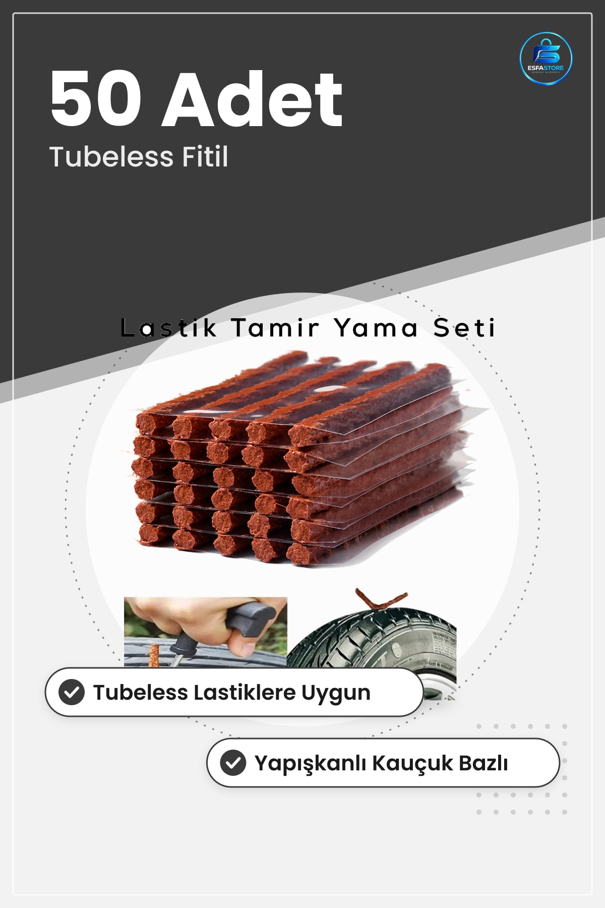 Lastik Tamir Fitili 50 Adet Tubeless Yapışkanlı Kauçuk Bakım Ürünü Yama Seti Araç Oto