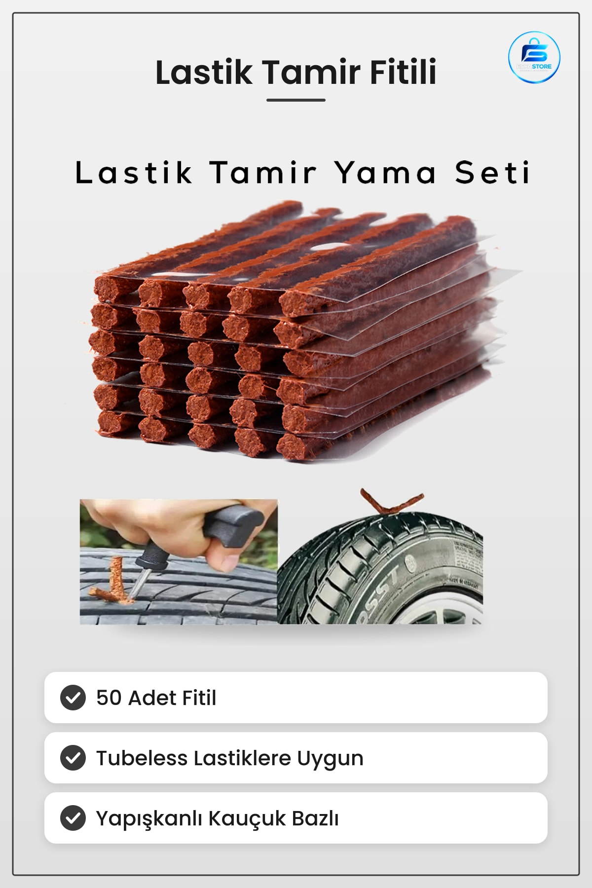 Lastik Tamir Fitili 50 Adet Tubeless Yapışkanlı Kauçuk Bakım Ürünü Yama Seti Araç Oto