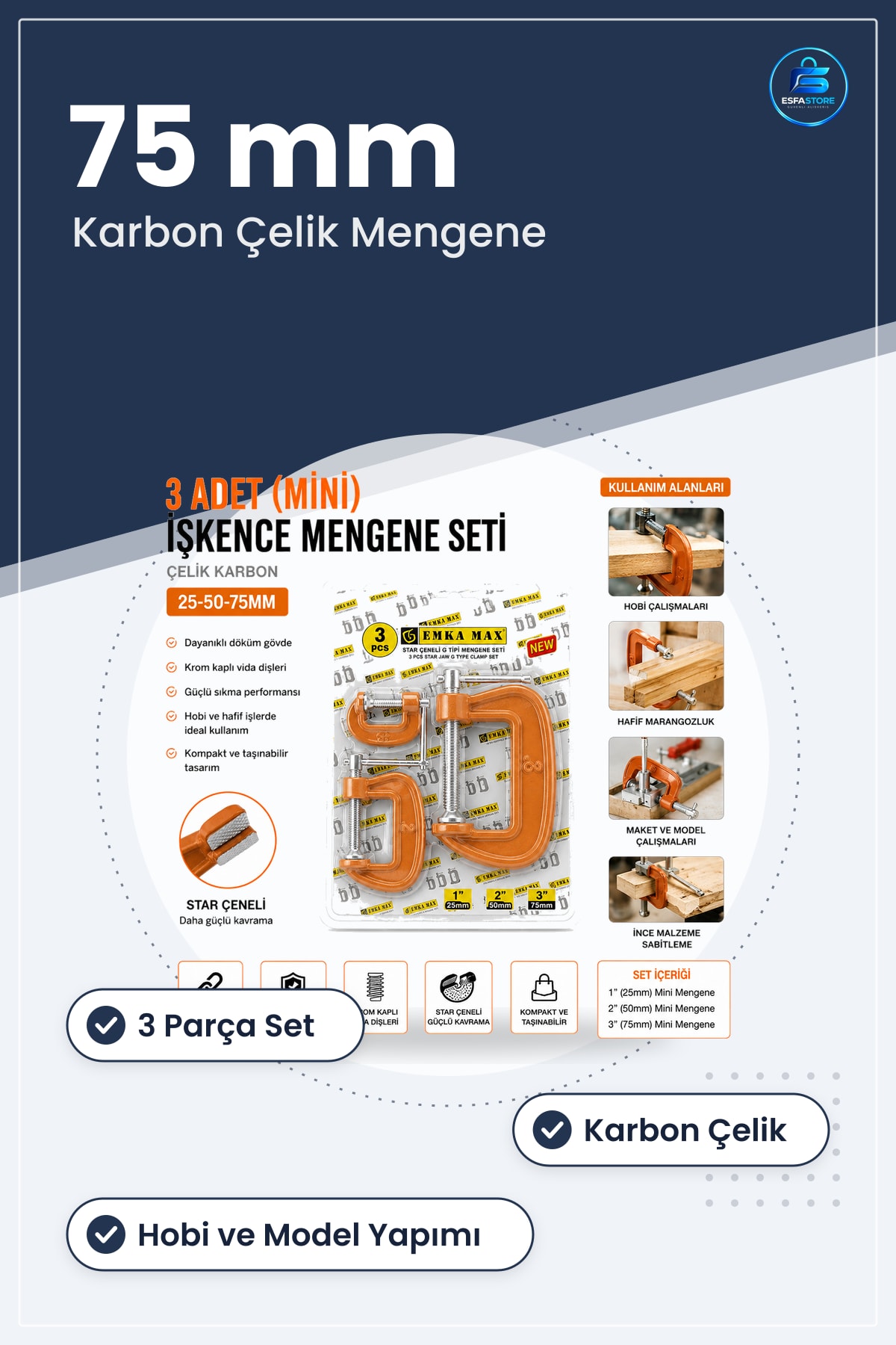 Mini Mengene Seti 3 Parça /75 mm Karbon Çelik G Tipi Hobi Marangoz Model Yapımı Kullanışlı