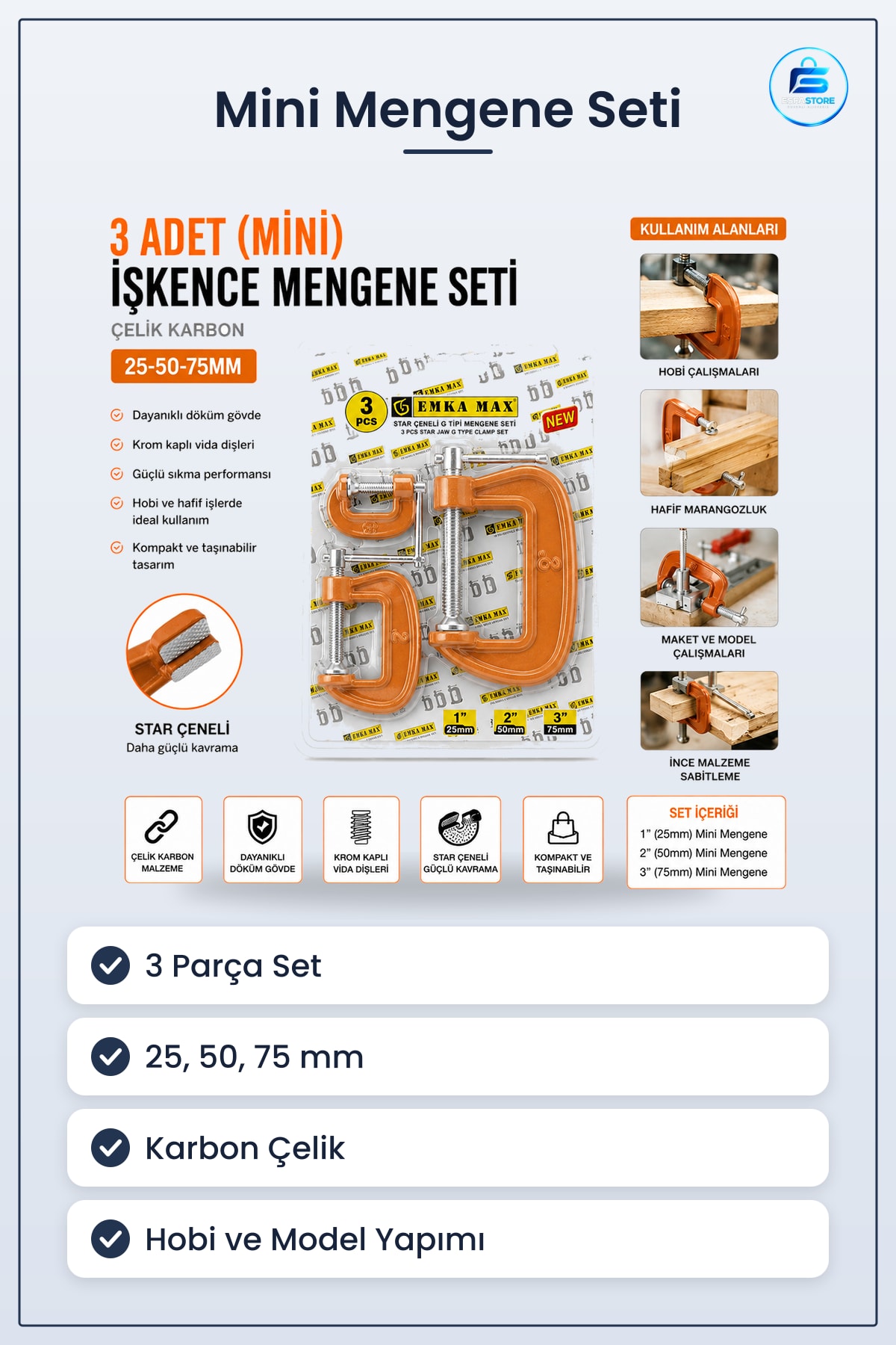 Mini Mengene Seti 3 Parça /75 mm Karbon Çelik G Tipi Hobi Marangoz Model Yapımı Kullanışlı