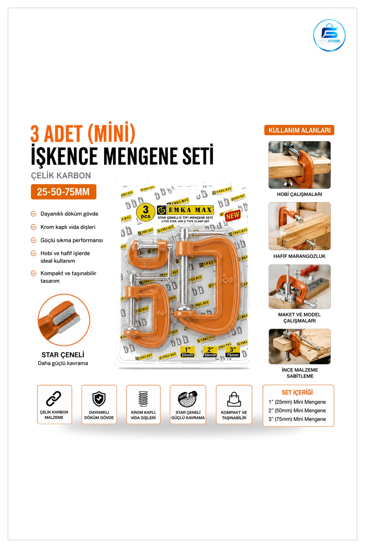 Mini Mengene Seti 3 Parça /75 mm Karbon Çelik G Tipi Hobi Marangoz Model Yapımı Kullanışlı