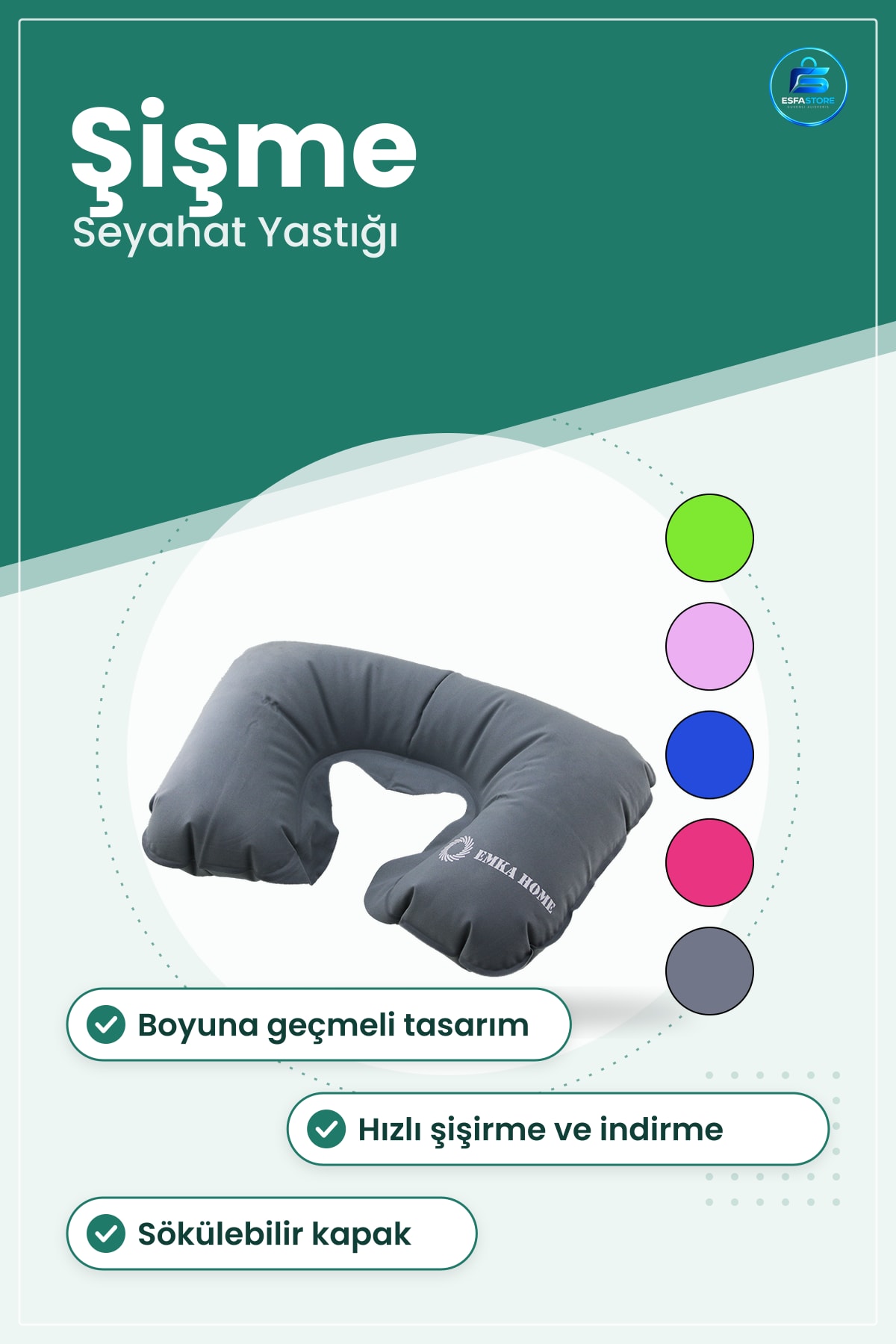 Şişme Boyun Yastığı Boyuna Geçmeli Seyahat Uçak Otobüs Tren Yolculuğu İçin Kompakt Destek