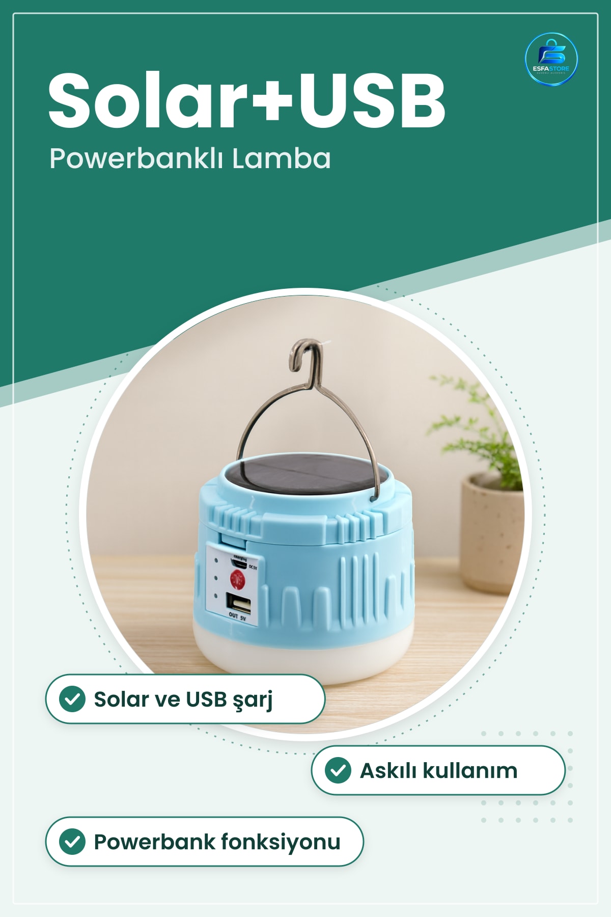 LED Kamp Lambası Solar USB Şarjlı Askılı Powerbanklı Taşınabilir Acil Durum Aydınlatma
