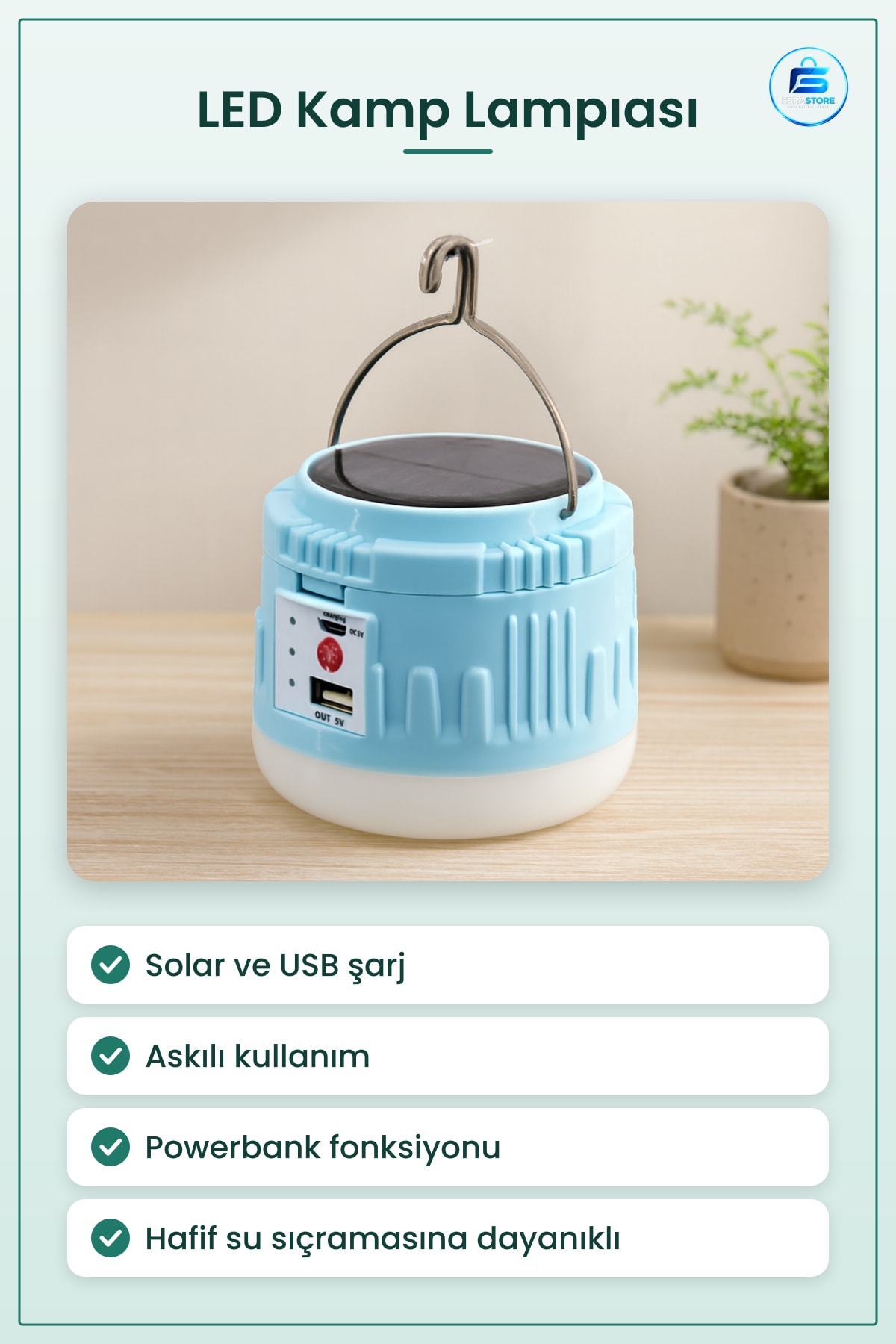 LED Kamp Lambası Solar USB Şarjlı Askılı Powerbanklı Taşınabilir Acil Durum Aydınlatma