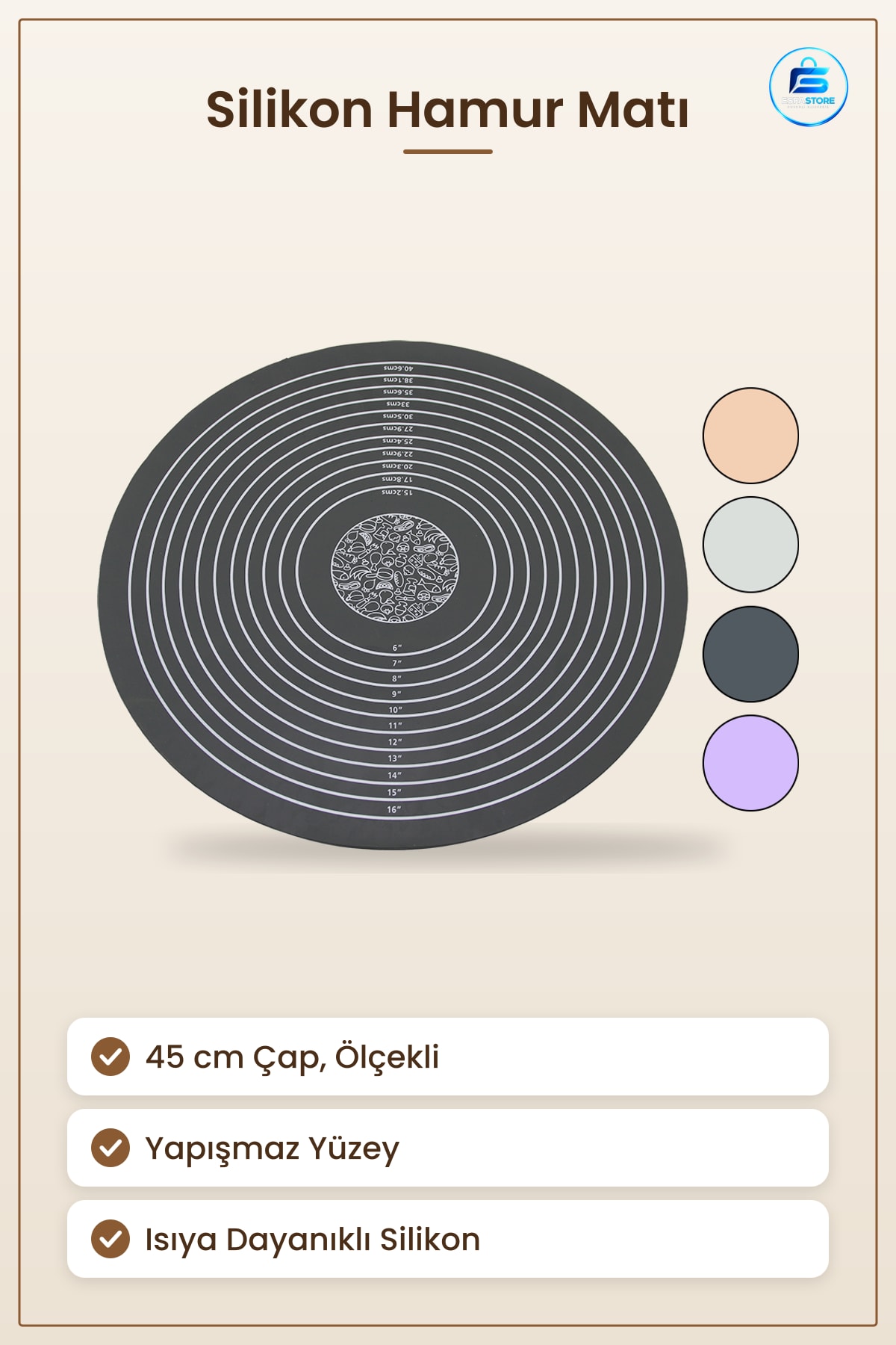 Yuvarlak Silikon Hamur Matı 45 cm Ölçekli 190 g Fırın Pişirme Yapışmaz Pasta Kurabiye