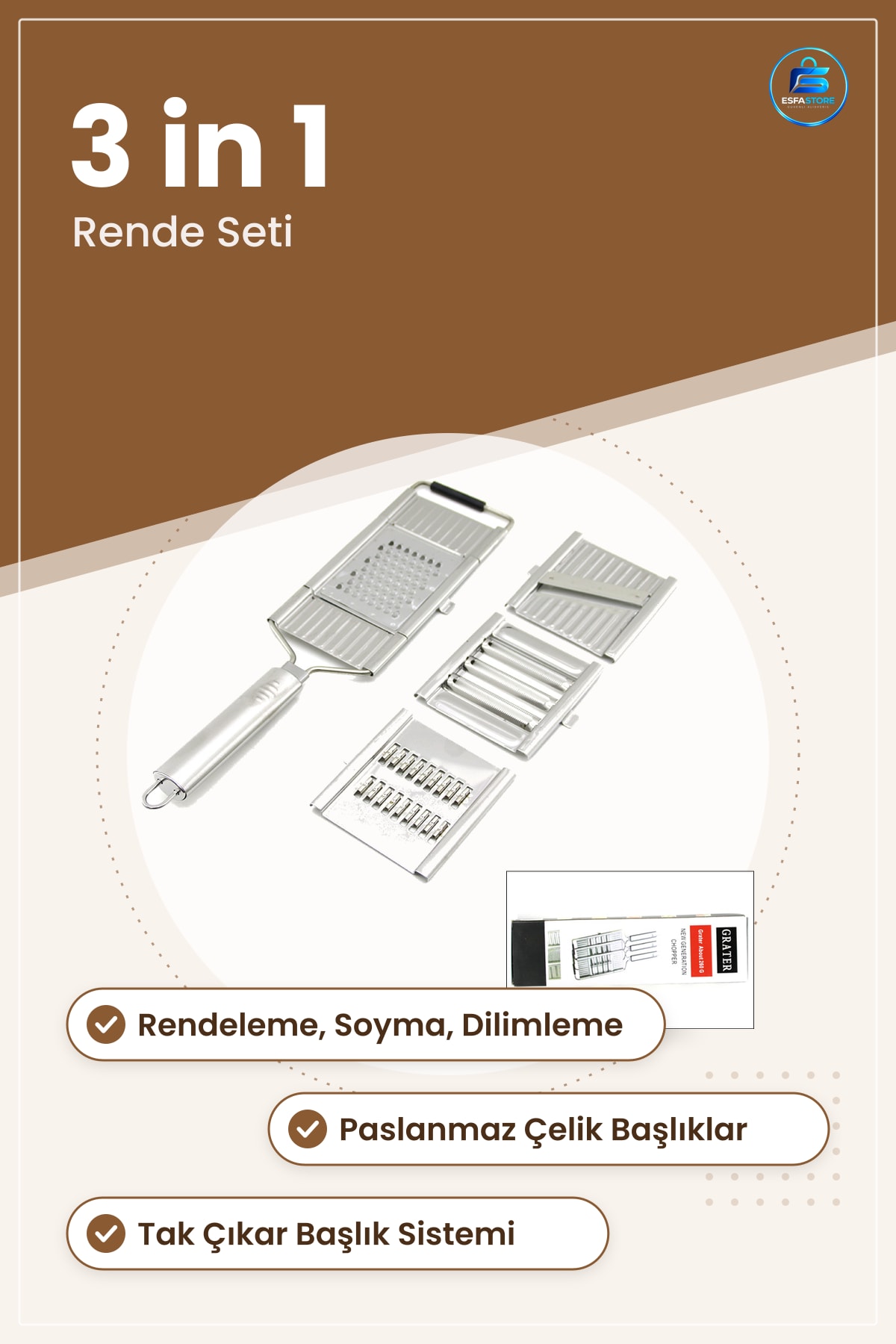 Rende Seti 3 in 1 Paslanmaz Çelik Mutfak Rendesi Soyacak Dilimleme Sebze Meyve Peynir Rendeleme Tak