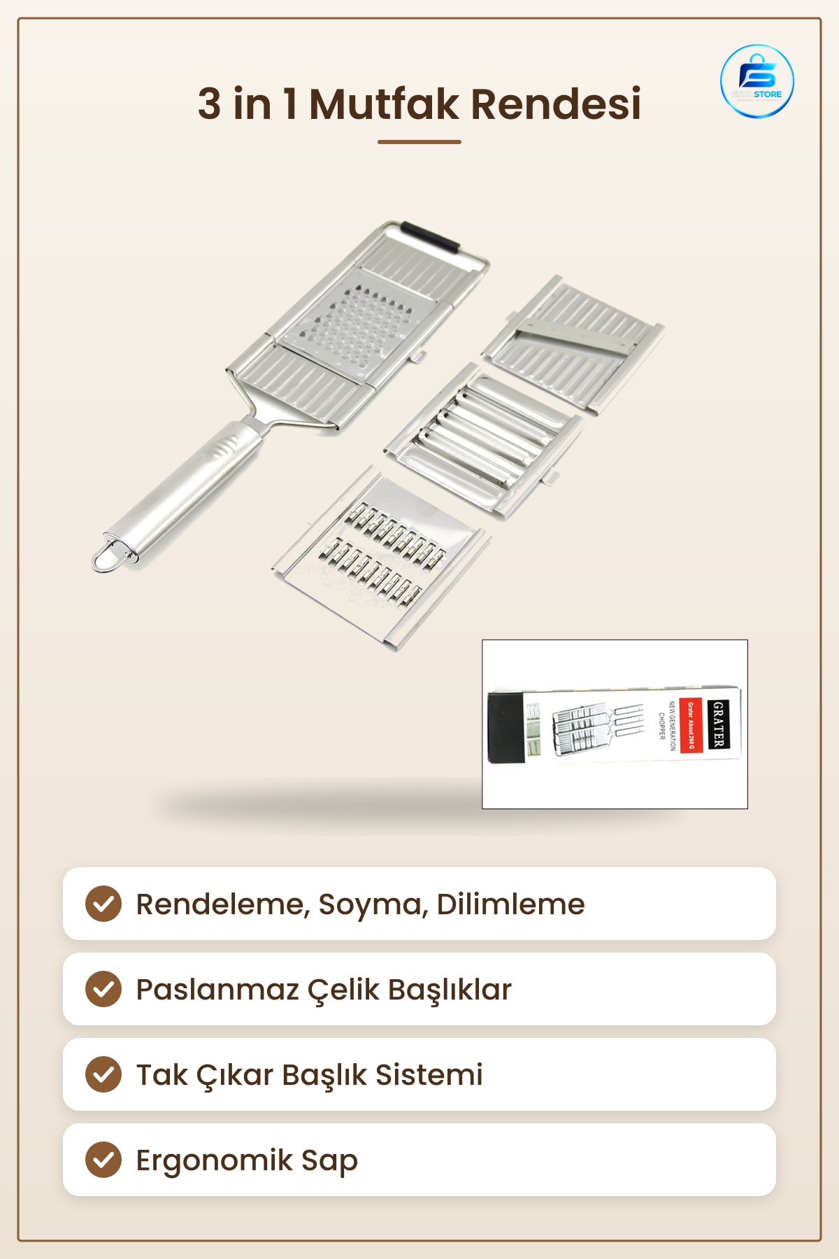 Rende Seti 3 in 1 Paslanmaz Çelik Mutfak Rendesi Soyacak Dilimleme Sebze Meyve Peynir Rendeleme Tak