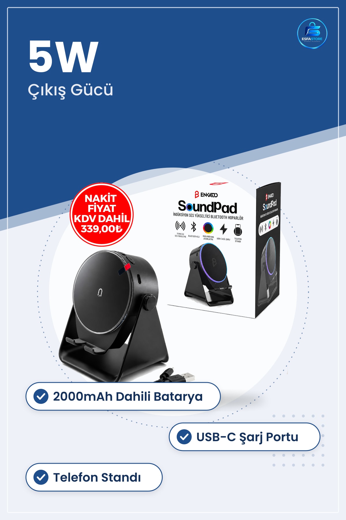 Bluetooth Hoparlör Soundpad 5W 2000mAh Telefon Standı USB-C Şarjlı Taşınabilir Ses Yükseltici
