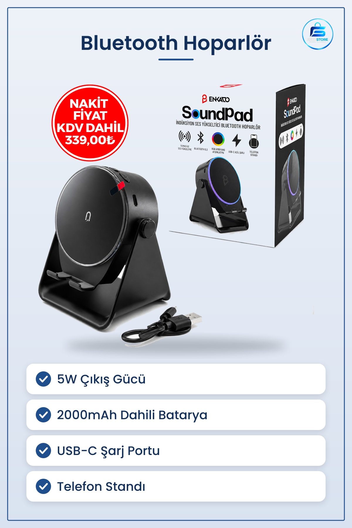 Bluetooth Hoparlör Soundpad 5W 2000mAh Telefon Standı USB-C Şarjlı Taşınabilir Ses Yükseltici