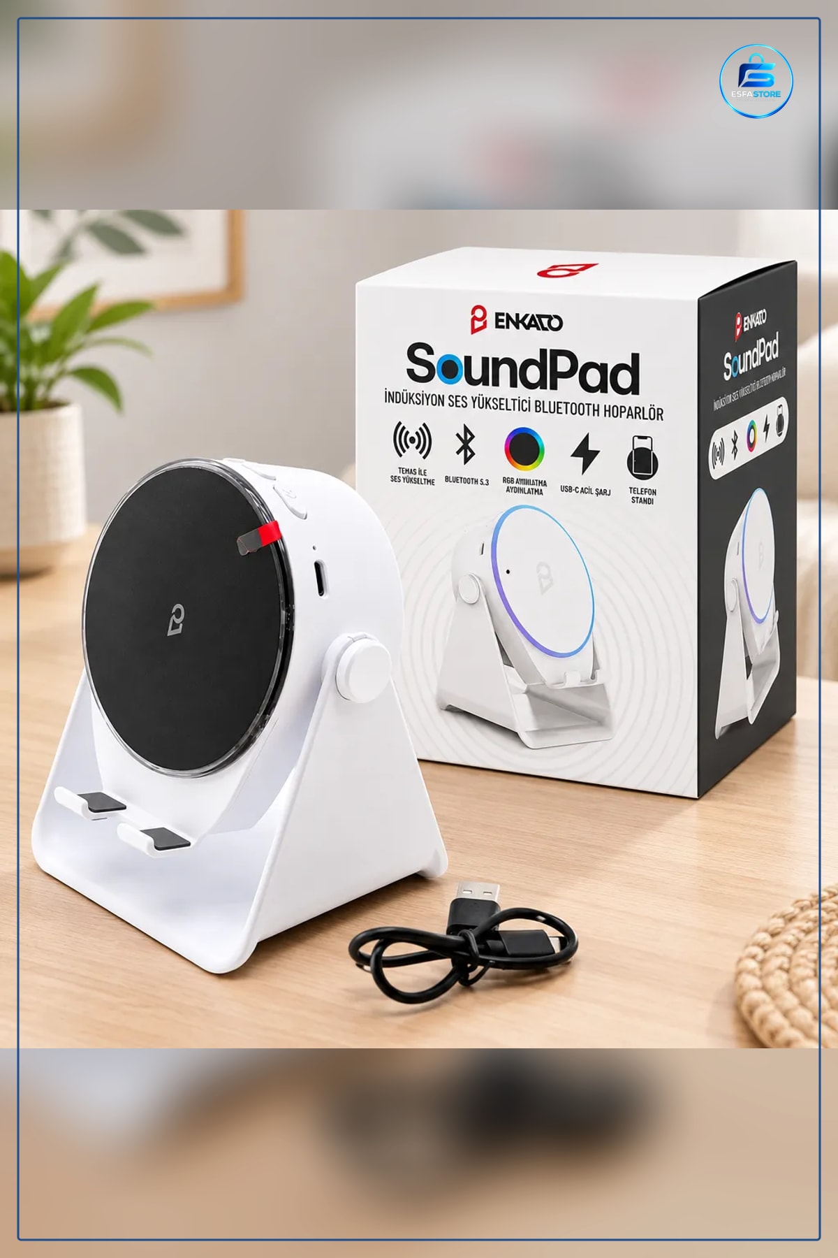 Bluetooth Hoparlör Taşınabilir Soundpad 5W 2000mAh Telefon Standlı Temas ile Ses Yükseltici Beyaz