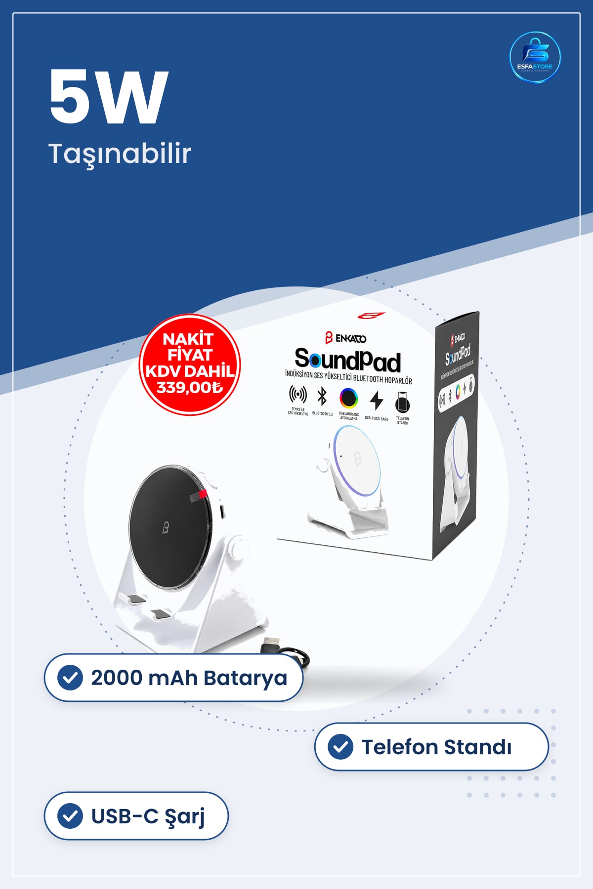 Bluetooth Hoparlör Taşınabilir Soundpad 5W 2000mAh Telefon Standlı Temas ile Ses Yükseltici Beyaz