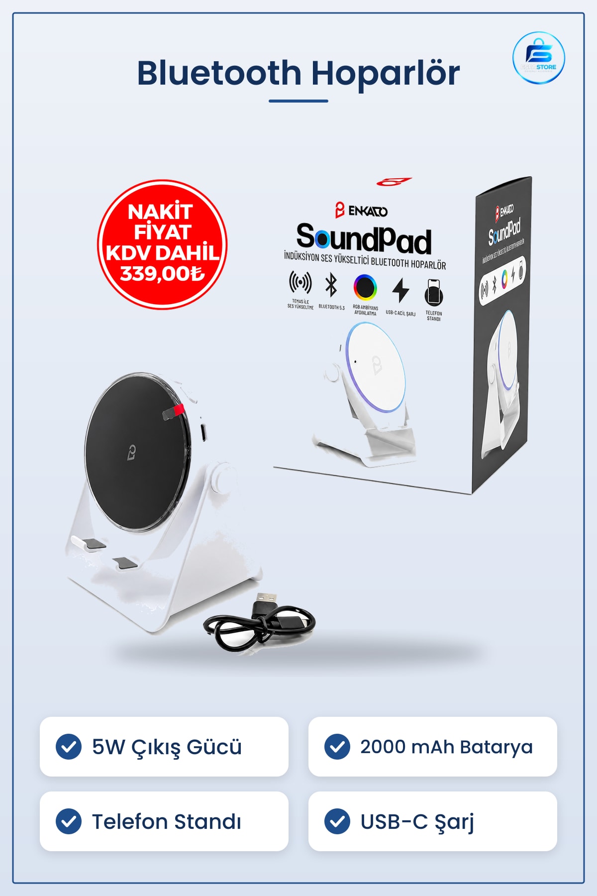 Bluetooth Hoparlör Taşınabilir Soundpad 5W 2000mAh Telefon Standlı Temas ile Ses Yükseltici Beyaz