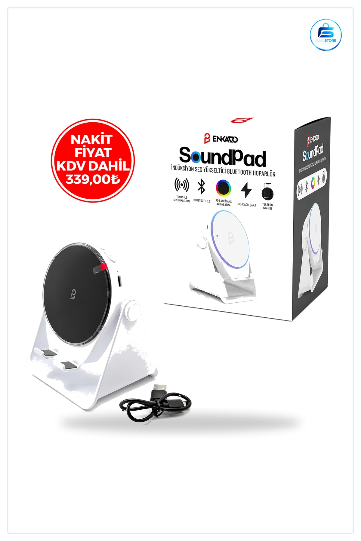 Bluetooth Hoparlör Taşınabilir Soundpad 5W 2000mAh Telefon Standlı Temas ile Ses Yükseltici Beyaz