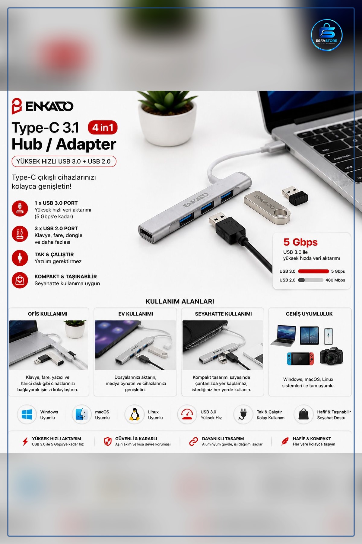 Type-C Hub Adaptör 4 Port USB 3.0 ve 2.0 Anahtarlı Dizüstü Bilgisayar Tablet Telefon Çoklu
