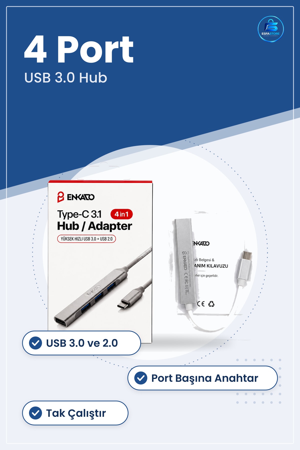 Type-C Hub Adaptör 4 Port USB 3.0 ve 2.0 Anahtarlı Dizüstü Bilgisayar Tablet Telefon Çoklu