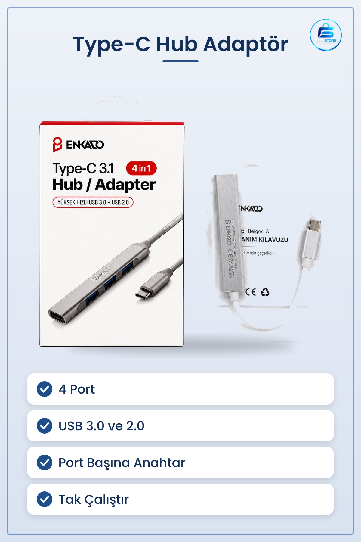 Type-C Hub Adaptör 4 Port USB 3.0 ve 2.0 Anahtarlı Dizüstü Bilgisayar Tablet Telefon Çoklu
