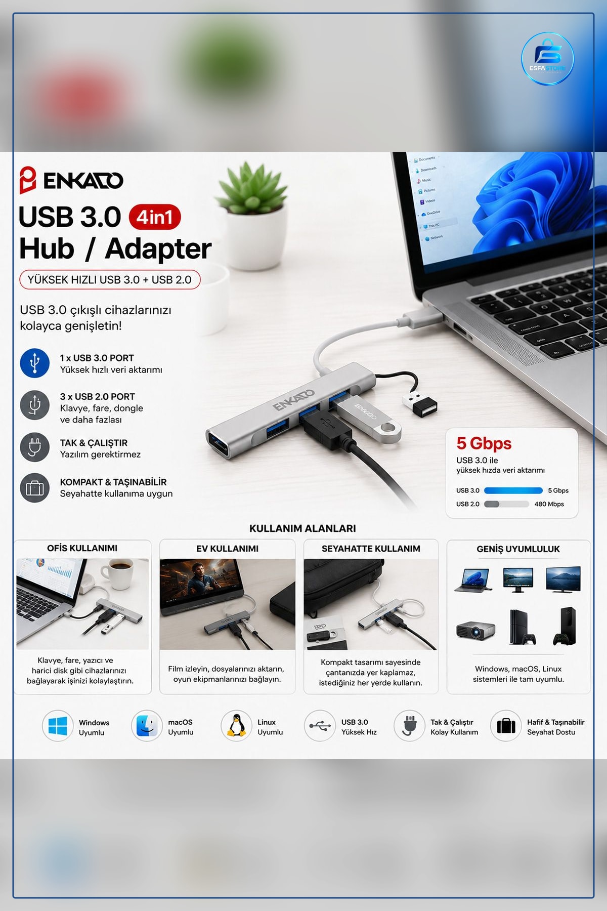 Hub Çoklayıcı 4 Port USB 3.0 Anahtarlı 5 Gbps Geriye Uyumlu Dizüstü Bilgisayar Ofis Seyahat