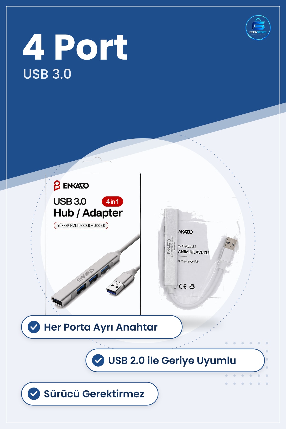 Hub Çoklayıcı 4 Port USB 3.0 Anahtarlı 5 Gbps Geriye Uyumlu Dizüstü Bilgisayar Ofis Seyahat
