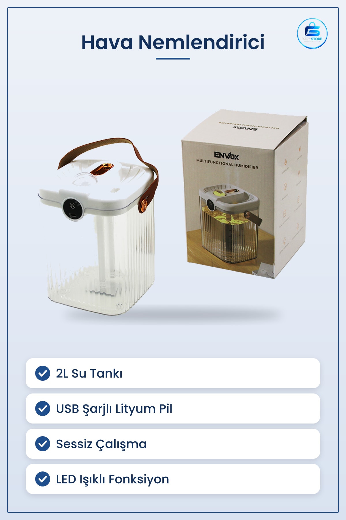 Hava Nemlendirici 2L USB Şarjlı Işıklı Buhar Koku Giderici Sessiz LED Taşınabilir Ev Ofis