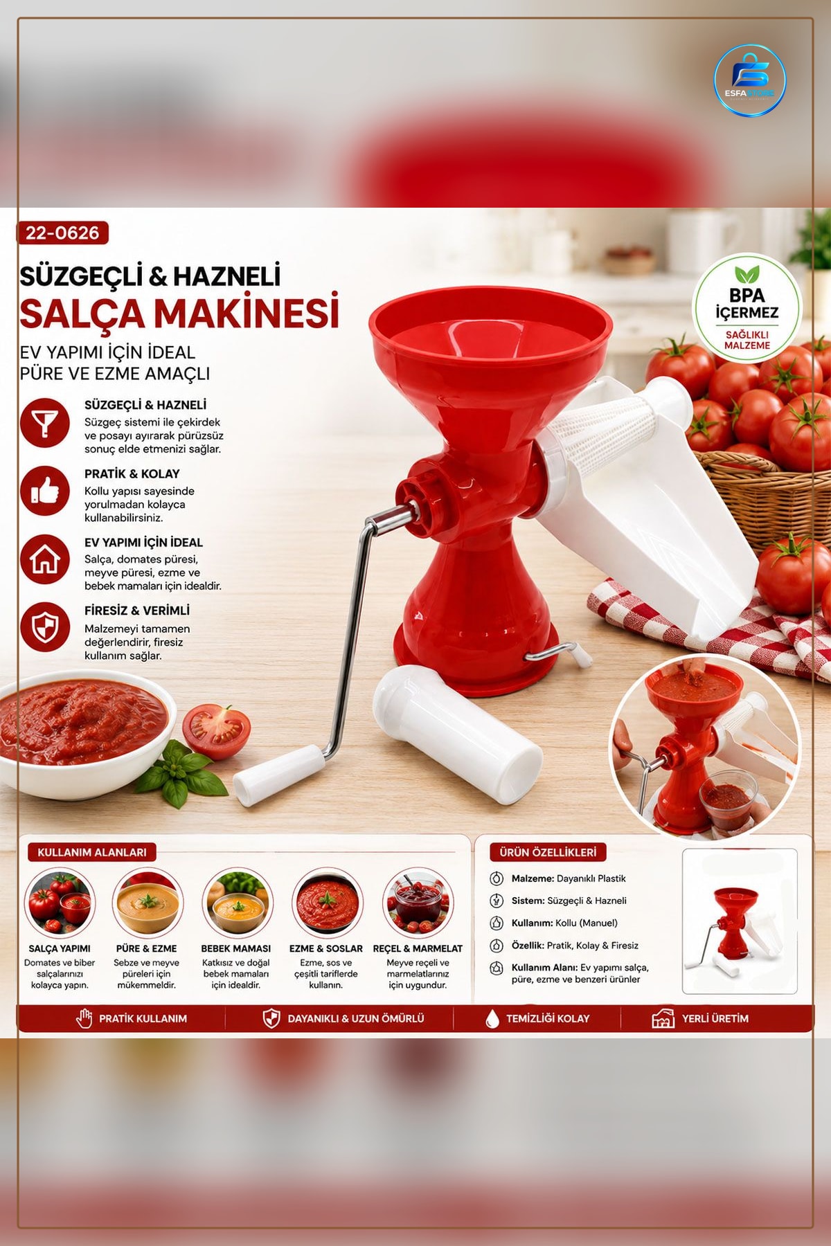 Salça Makinesi Manuel Kıyma Makinası Plastik Süzgeçli Hazneli Metal Kollu Mutfak Domates Püresi