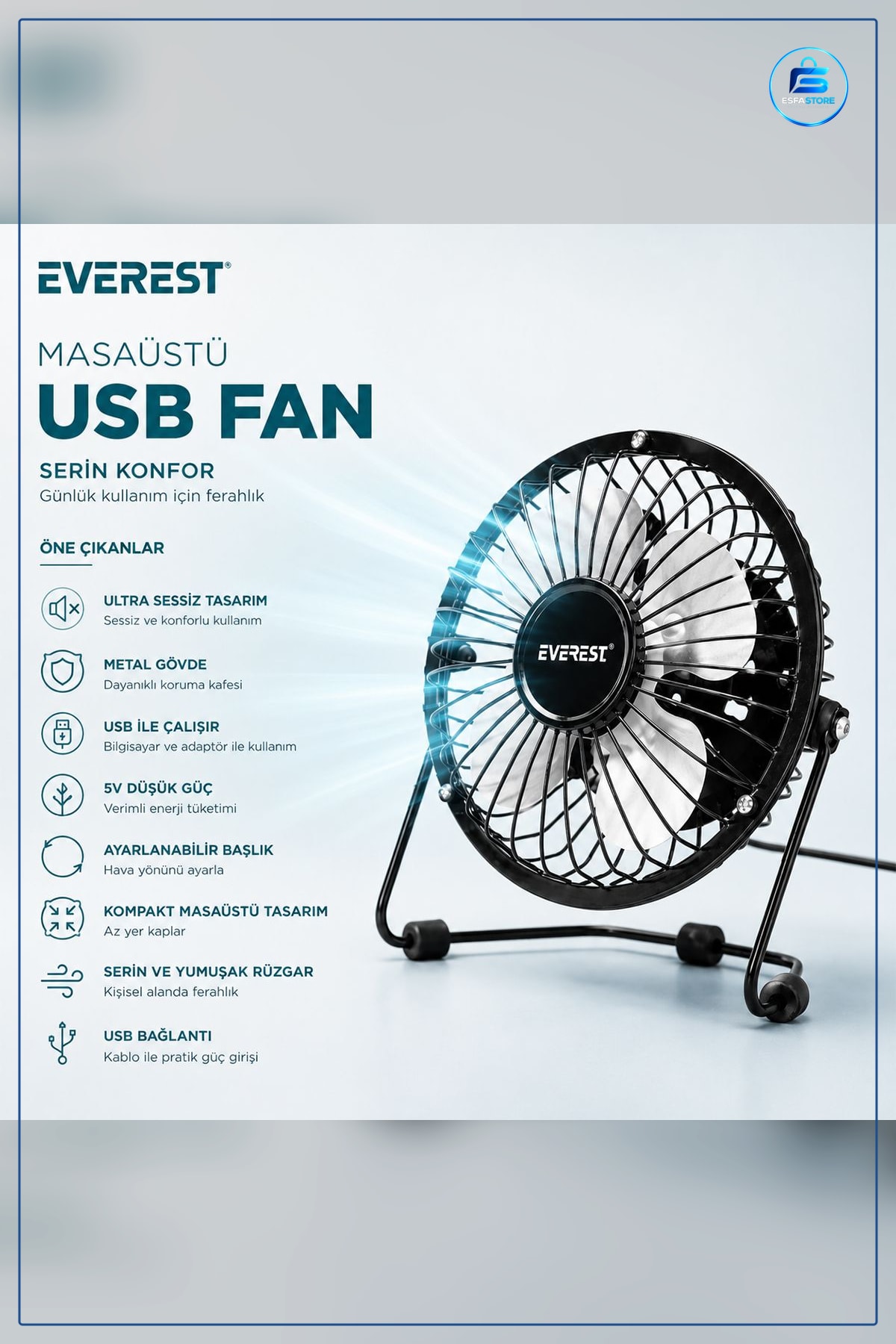 Masaüstü Mini Fan USB Şarjlı Metal Gövde 14.5x7.5x15 cm Sessiz Taşınabilir Ofis Ev Seyahat Serinlik