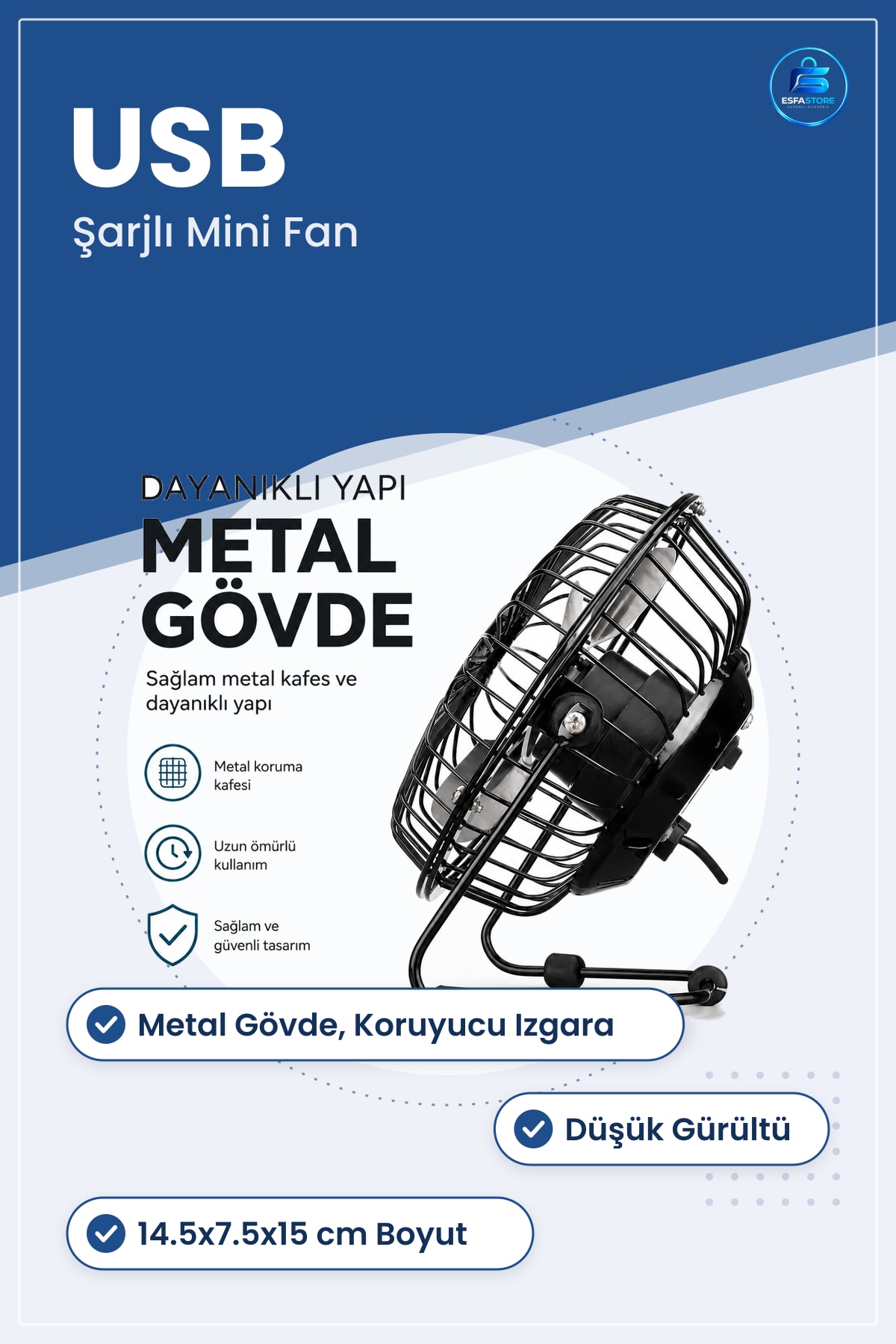 Masaüstü Mini Fan USB Şarjlı Metal Gövde 14.5x7.5x15 cm Sessiz Taşınabilir Ofis Ev Seyahat Serinlik
