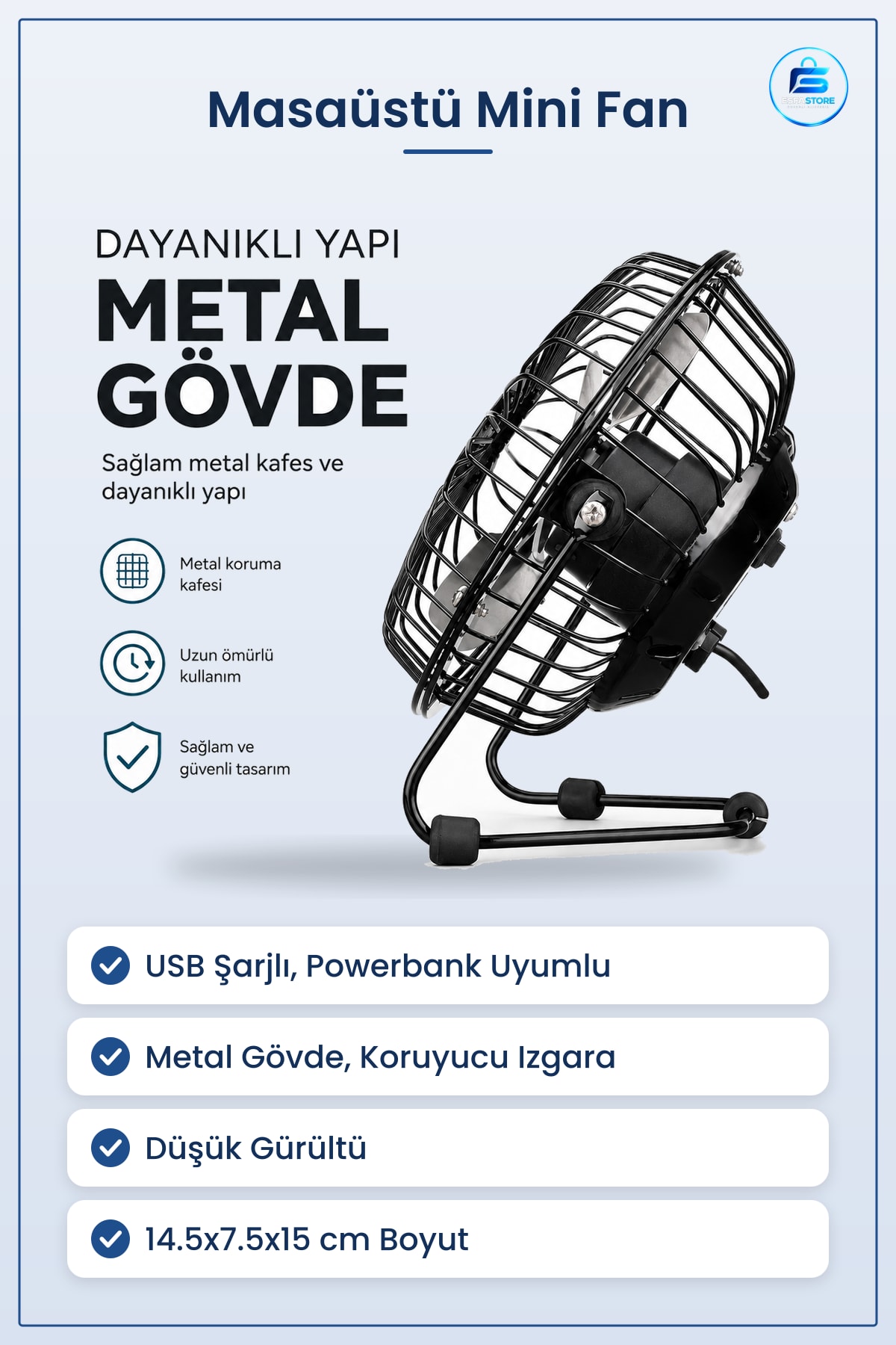 Masaüstü Mini Fan USB Şarjlı Metal Gövde 14.5x7.5x15 cm Sessiz Taşınabilir Ofis Ev Seyahat Serinlik